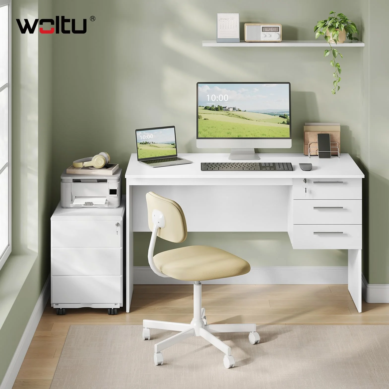 WOLTU Mesa de Ordenador, Escritorio de Trabajo con 3 Cajones, 120x60x75 cm, Mesa Escritorio para Oficina Dormitorio Despacho y Estudio, Blanco