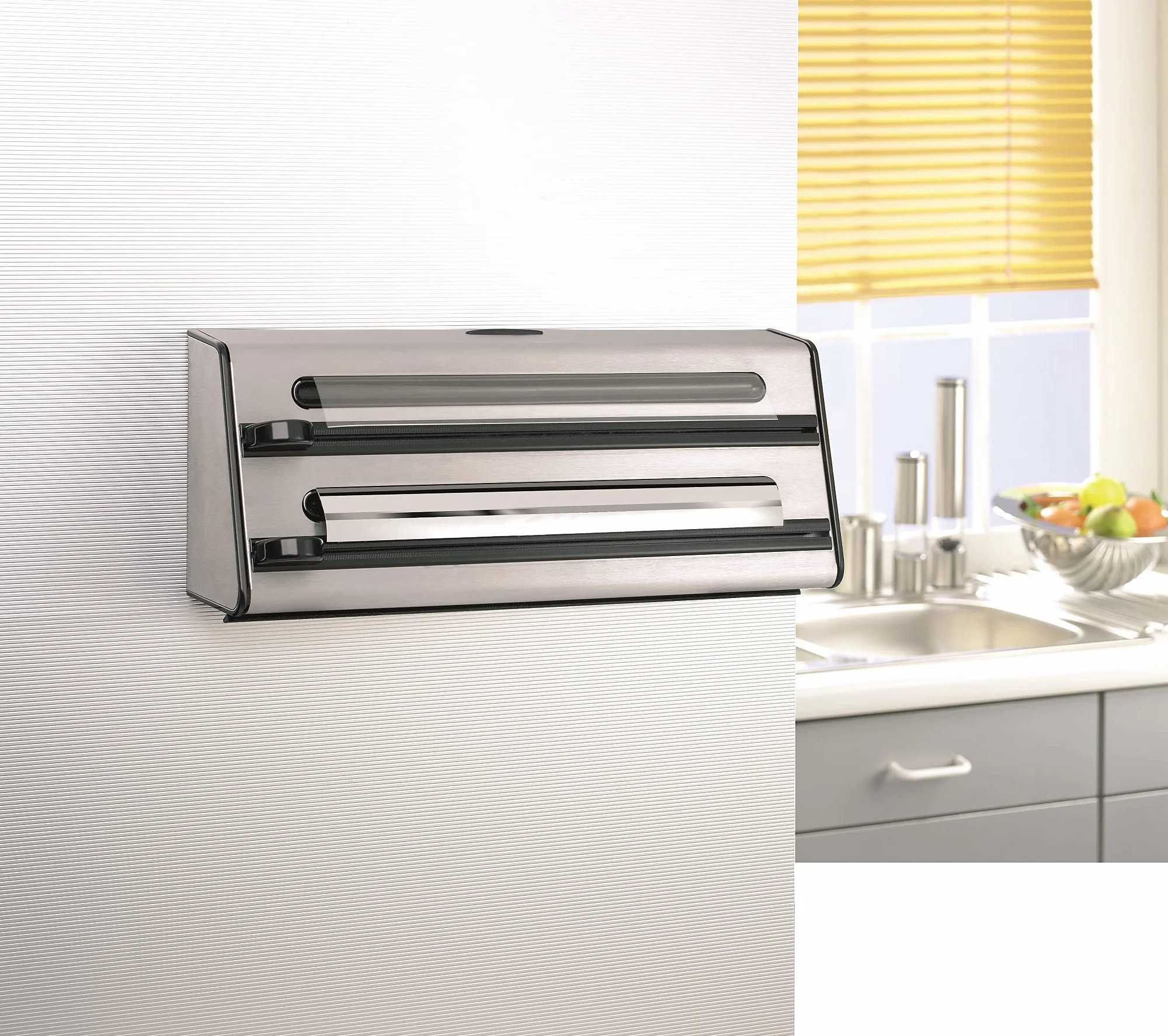 Emsa Contura Portarollos de cocina triple, corta papel de alumino, envoltura de plástico, papel de sandwich, corte en dos dimensiones, fácil de manipular, 40.89 x 27.94 x 10.92 cm