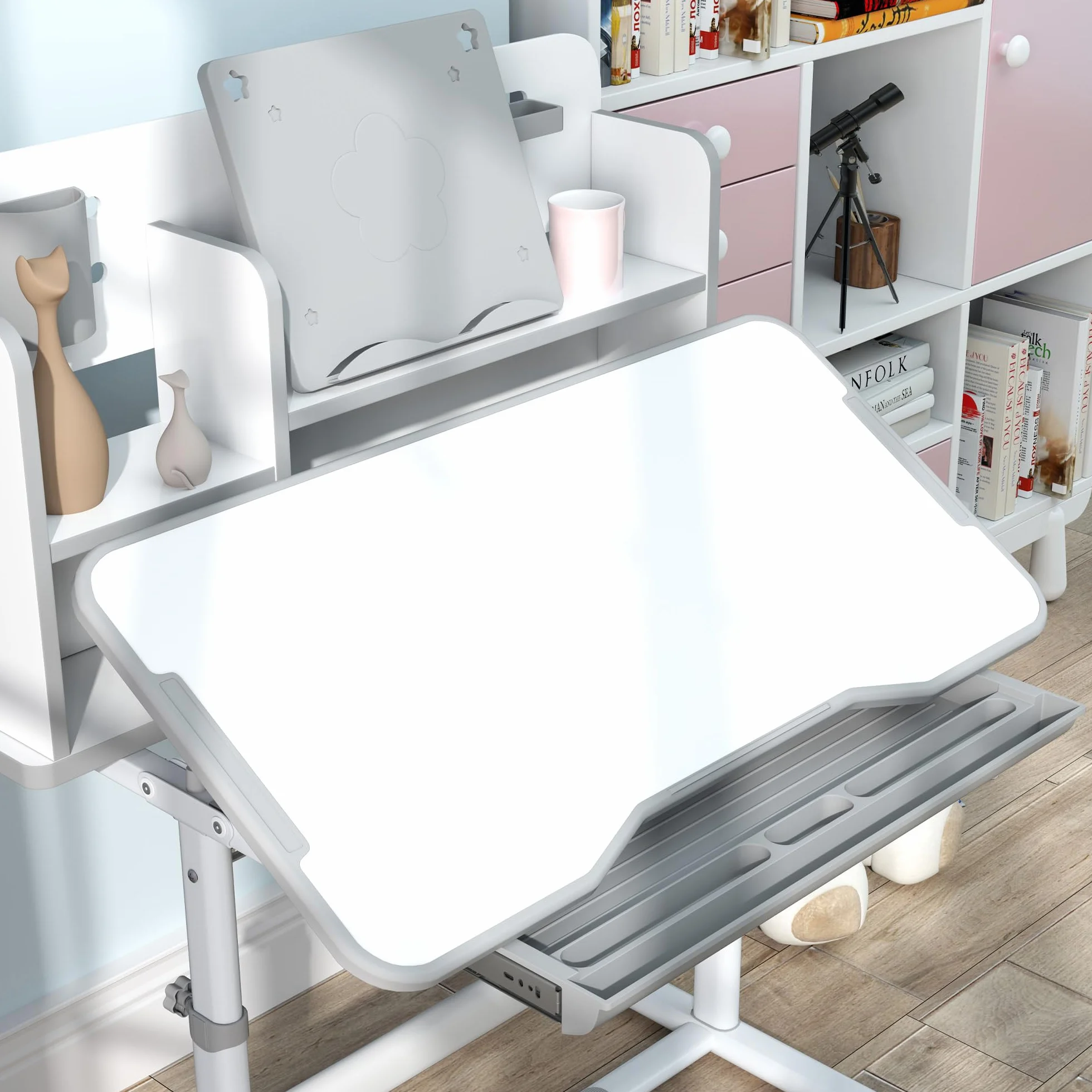 AIYAPLAY Pupitre Infantil Altura Ajustable con Tablero Inclinable, Cajón y Estantes, 80x55x107,5 cm, Gris