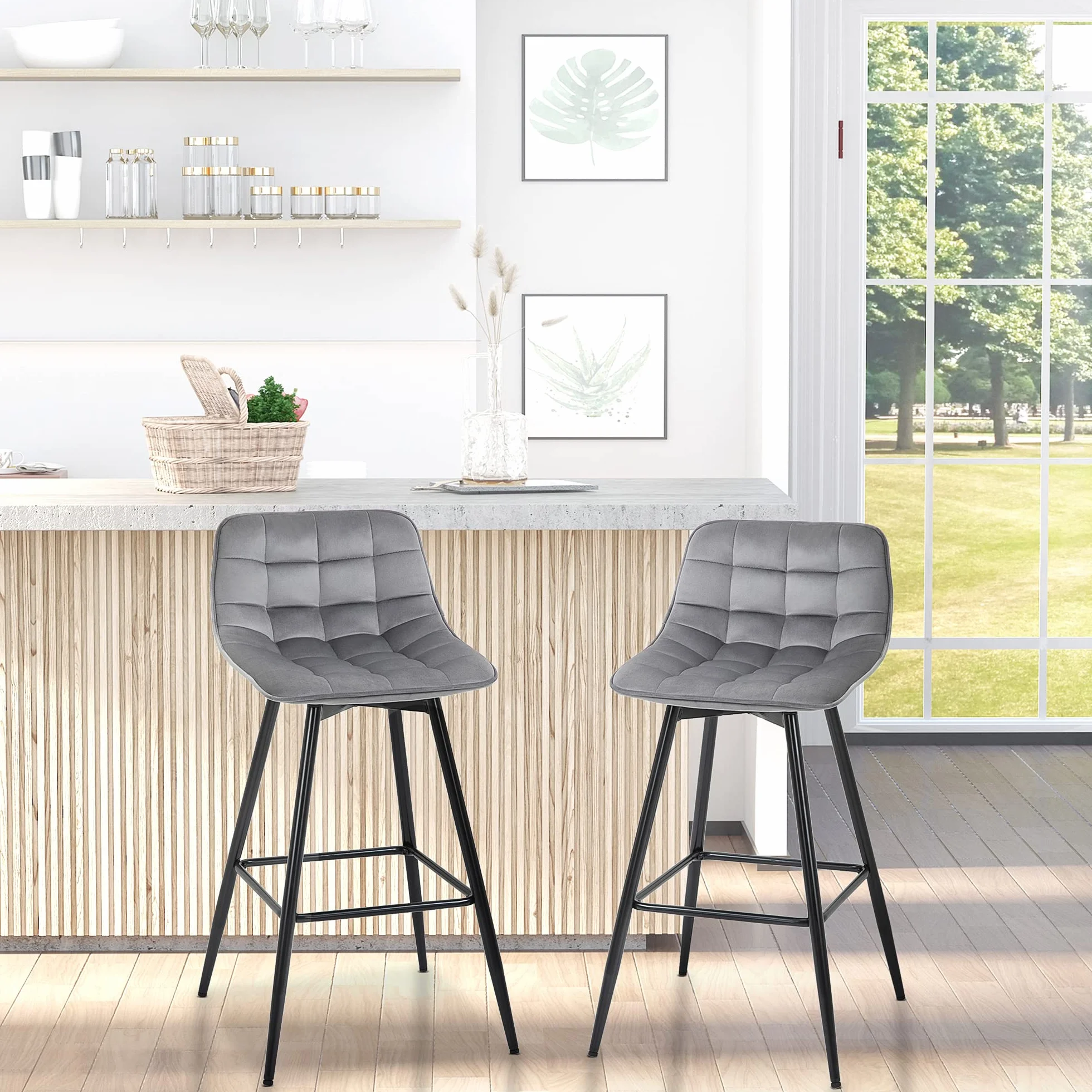 HOMCOM Conjunto de 2 Taburetes Altos de Cocina Sillas Altas de Cocina con Respaldo y Reposapiés Carga 120 kg para Bar Salón Comedor Gris