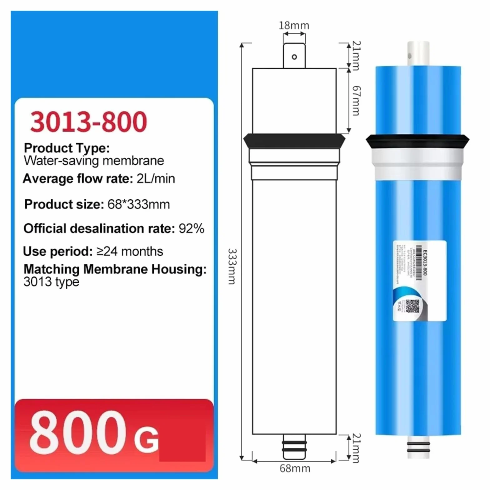 Reemplazo de filtro de membrana de ósmosis inversa universal de 800 GPD, membrana RO 3013-800, purificador de agua for uso doméstico Debajo del fregadero