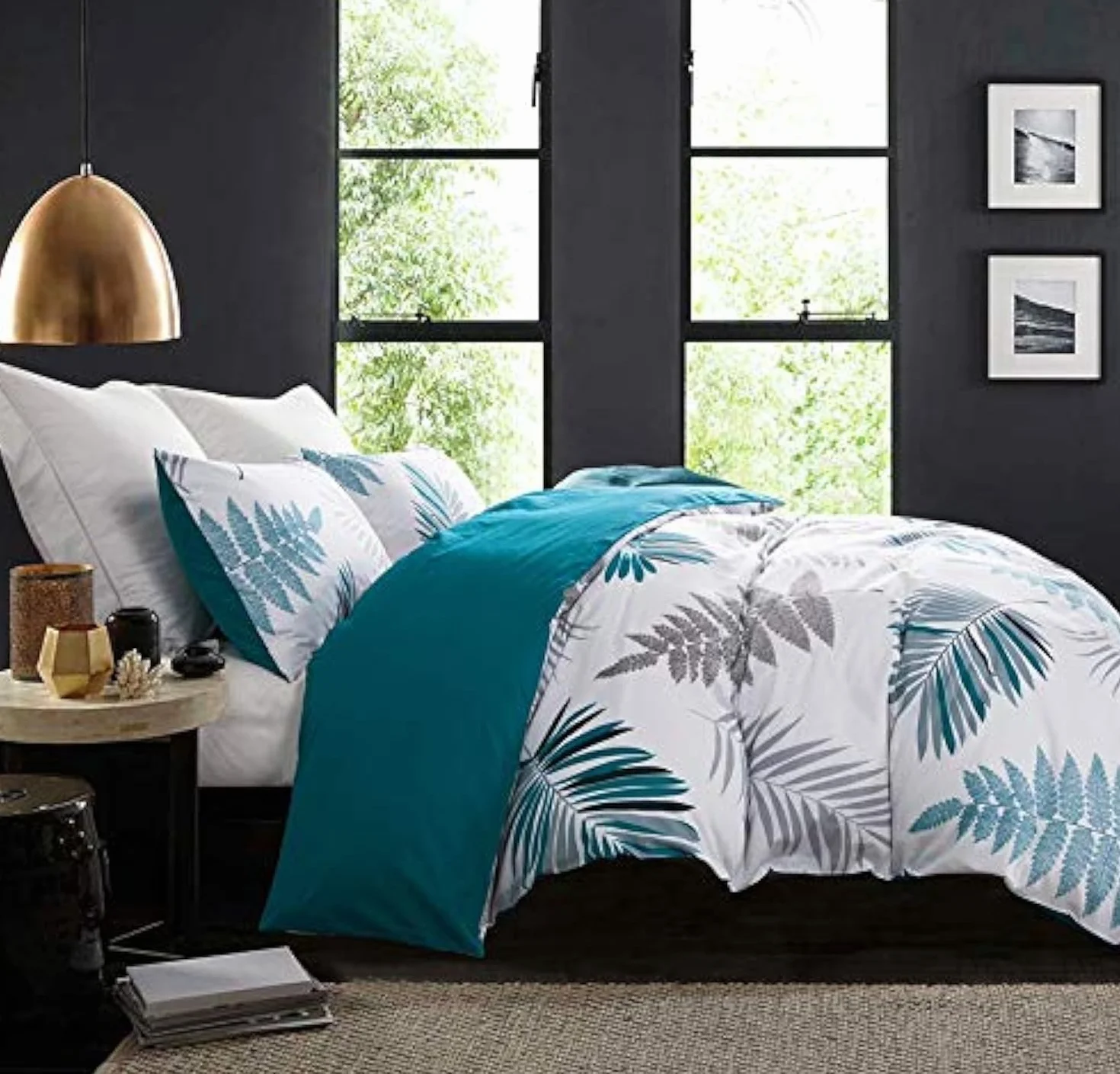 SLEEPBELLA Juego de Funda nórdica de algodón de 600 Hilos, Estampado Floral de Hojas Blancas, Reversible, tamaño King, Azul Pavo Real, Hojas
