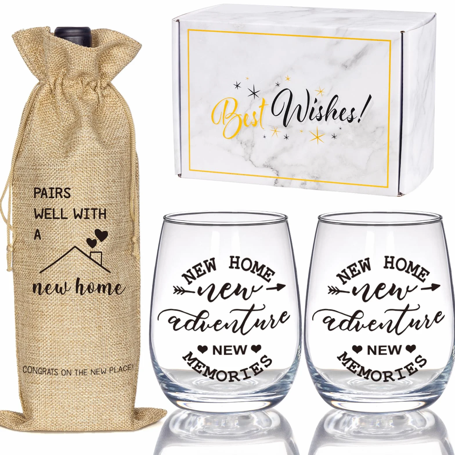 Regalos de inauguración de la casa, cestas de inauguración de la casa, juego de copas de vino sin tallo y bolsa para botellas para parejas recién casadas, mujeres, amigos, nuevos propietarios, regalo