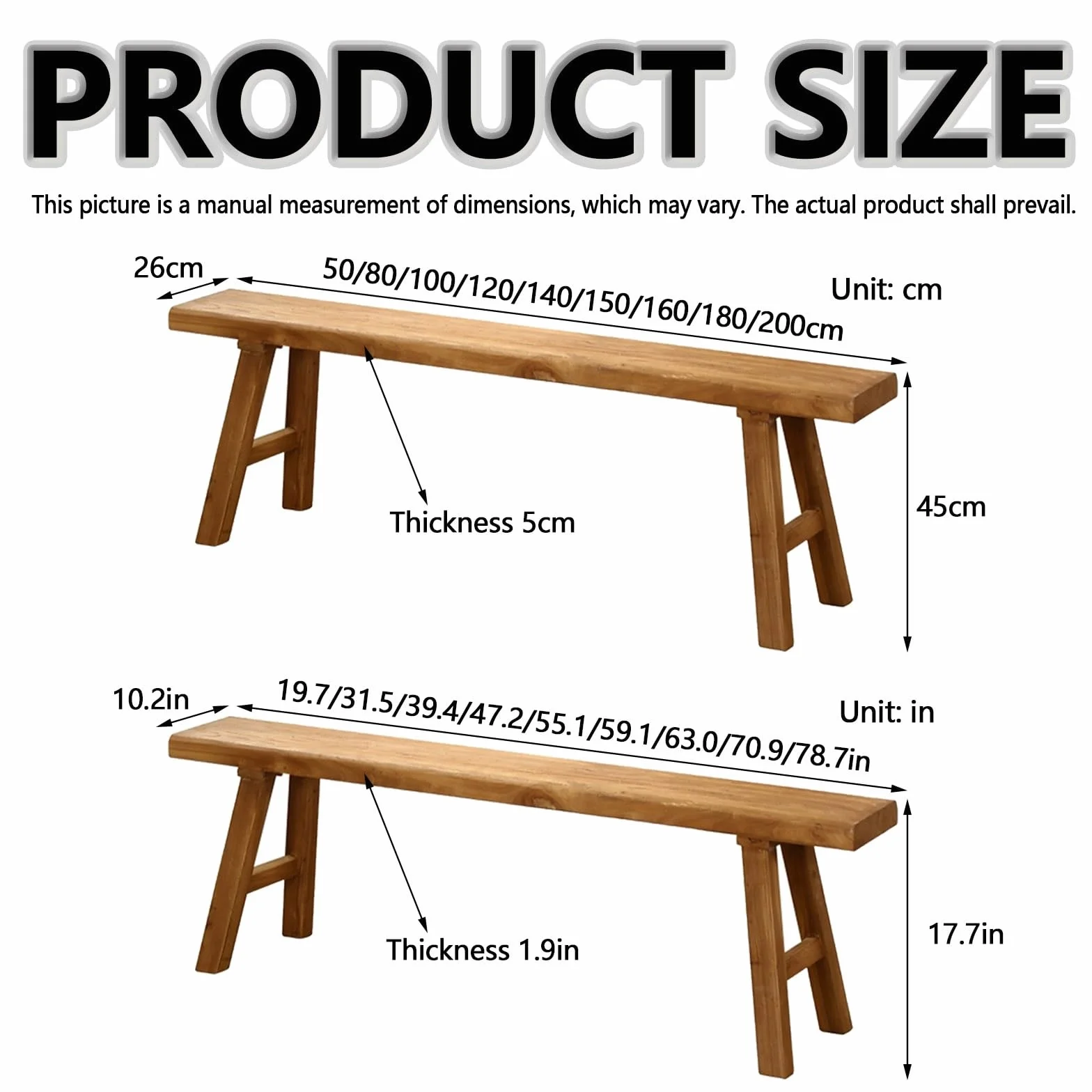 Banco rústico para los pies de la Cama, Banco de Madera para la Entrada Interior, Madera rústico Estrecho para el Comedor.(80cm)