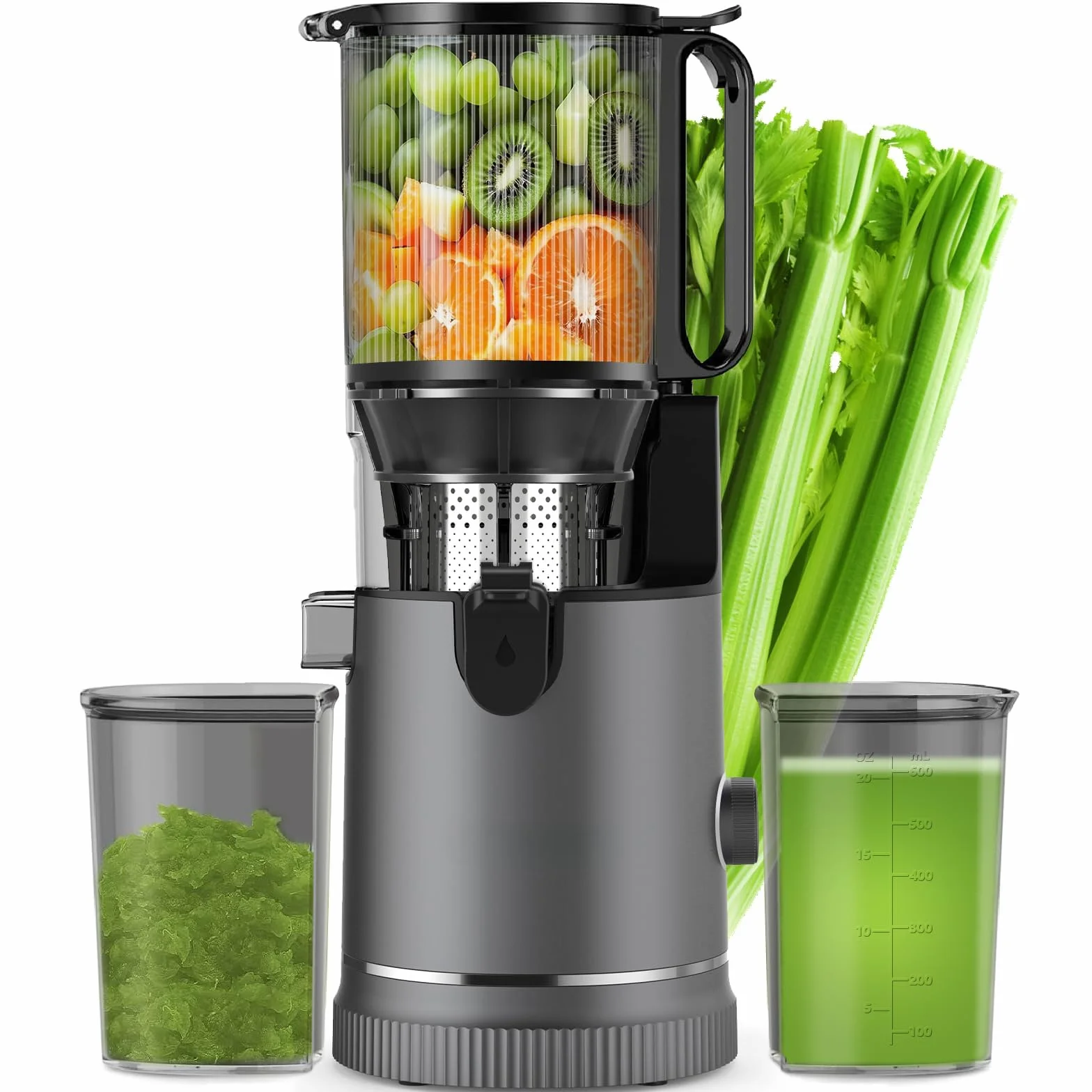 Extractor de Zumos – Slow Juicer con Boca XL de 147 mm y Motor de 400 W, Alta Extracción y Conservación de Nutrientes, Capacidad de 1,8 L con 2 Vasos, Libre de BPA, Para Frutas y Verduras Enteras