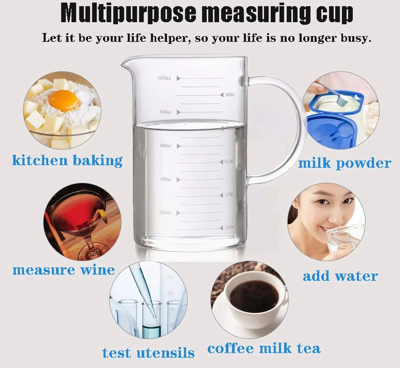Jarra medidora de vidrio con tapa, vaso graduado con asa, contenedor de almacenamiento de sólidos líquidos, taza medidora con cepillo de limpieza, tazas mezcladoras para hornear bebidas de café, sum