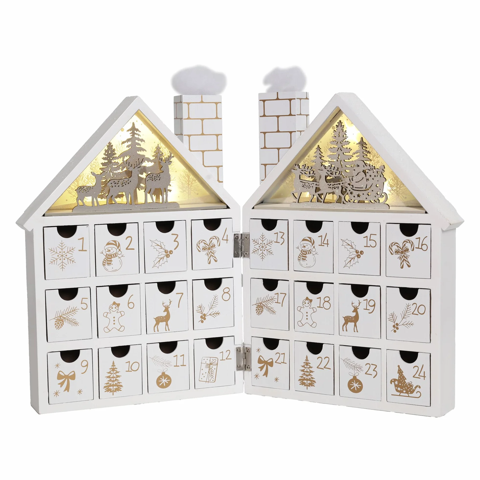 Calendario de Adviento de madera de Navidad con 24 cajones y luces LED Cuenta regresiva para la decoración de Navidad (bosque blanco)