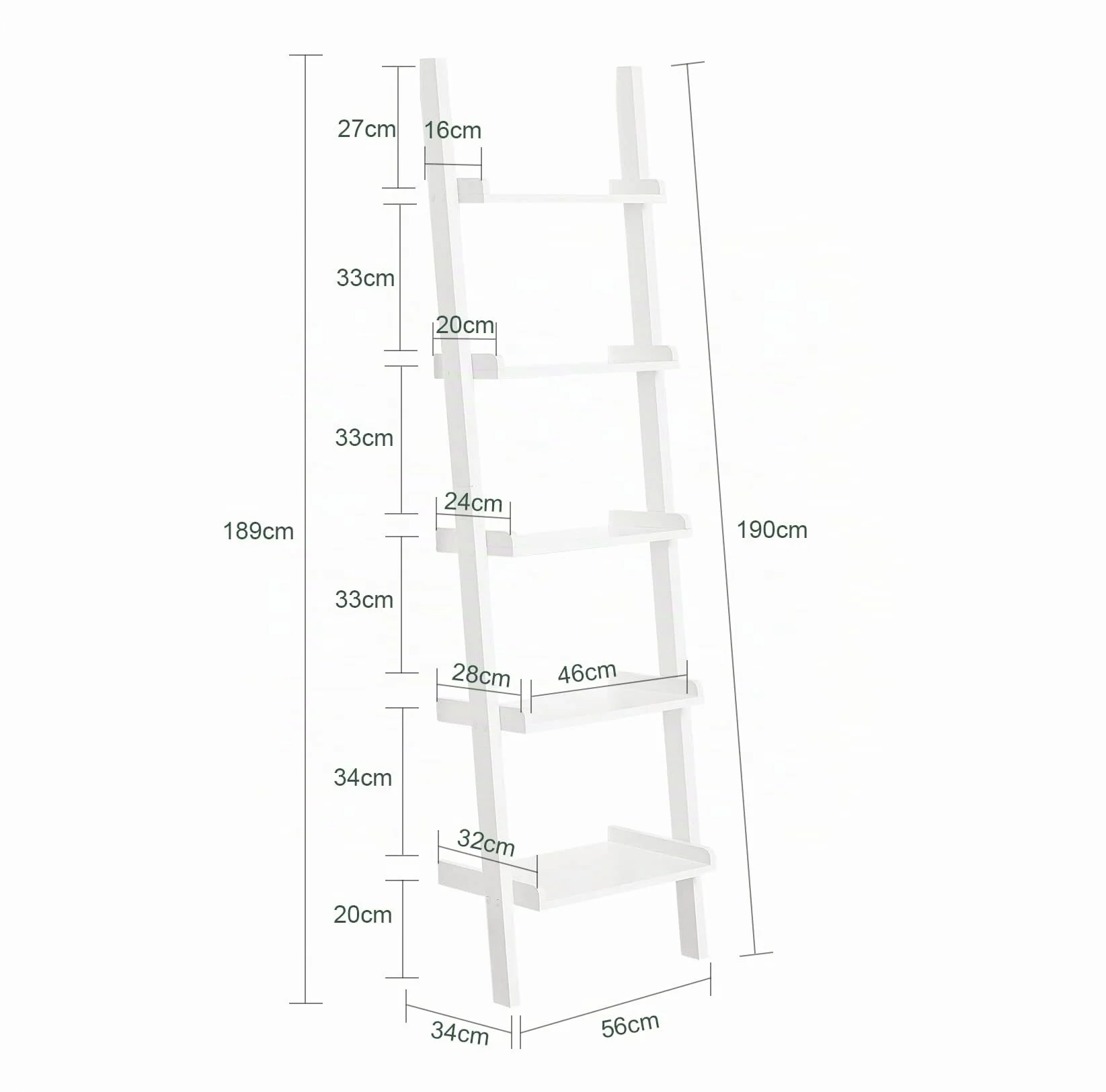SoBuy Estantería Escalera 5 Estantes Soporta hasta 5kg/Estante 56x32x189cm | librería de pared en MDF blanco, diseño moderno, para salón u oficina FRG17-W