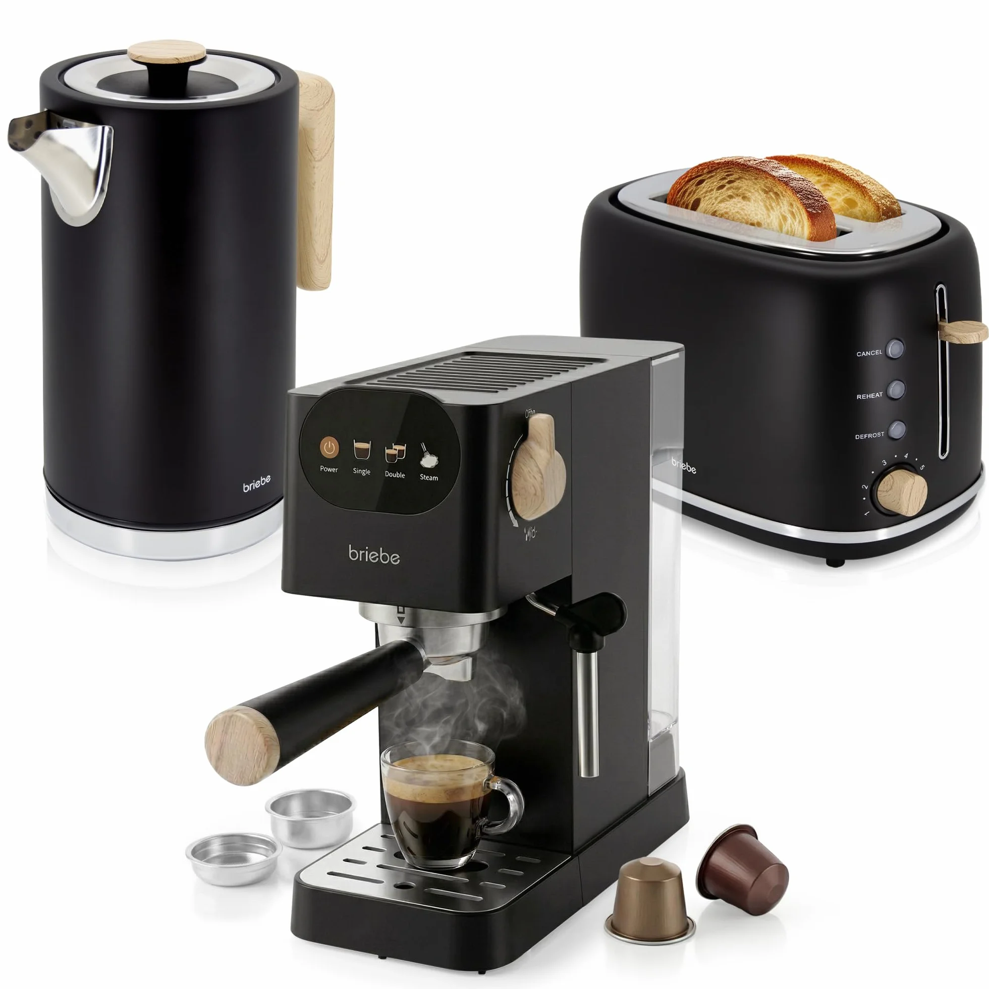 briebe Nordic Set Cafetera Espresso 20 Bares Cápsulas y Café Molido + Hervidor Agua Eléctrico 1,7L Inalámbrico 2200W + Tostadora Ranura Ancha 2 Rebanadas, Pack Desayuno Diseño Nórdico (Negro)