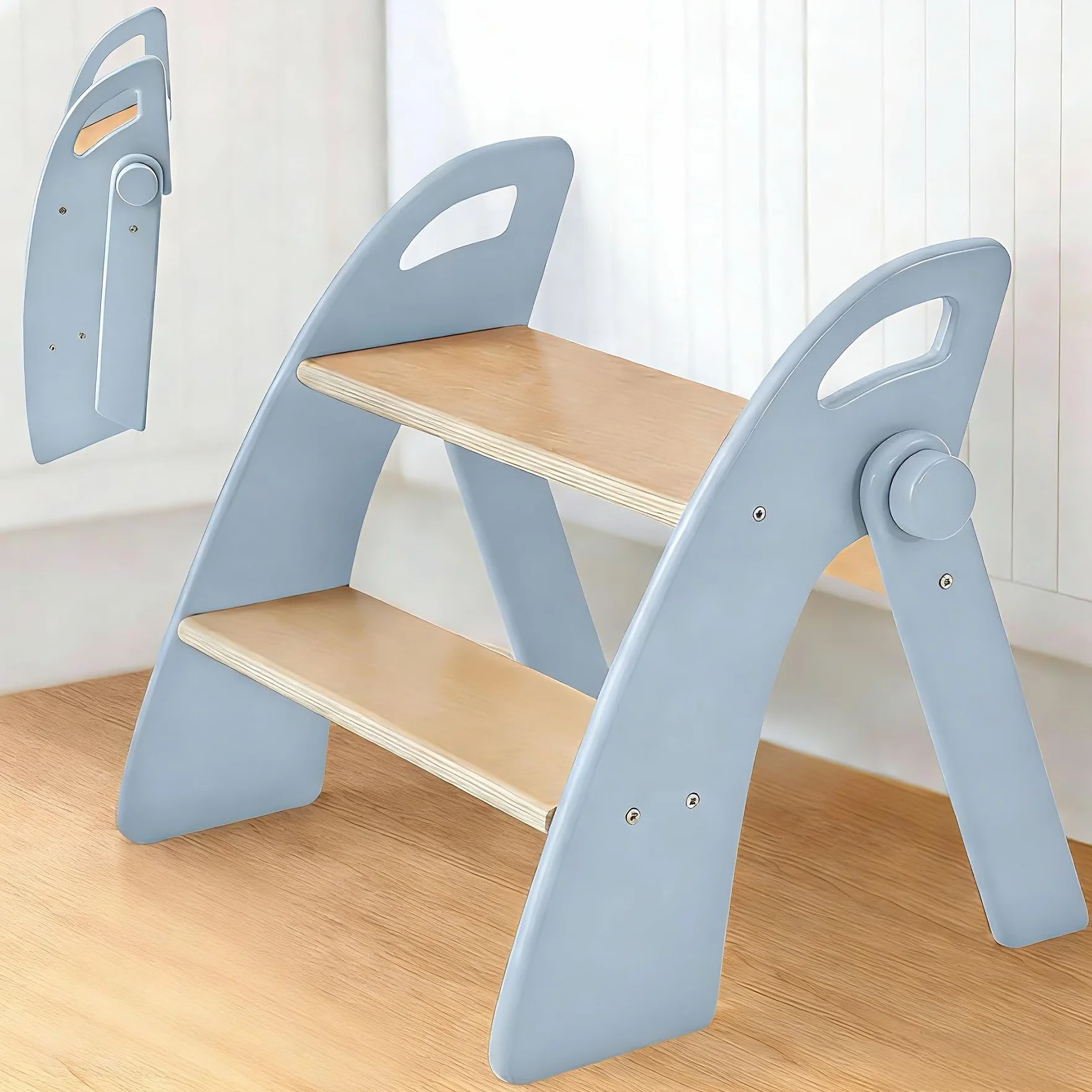 Taburete Niños Madera 2 Peldaños Plegable 130 kg Alfombrilla Antideslizante Asas Escalon Infantil Azul