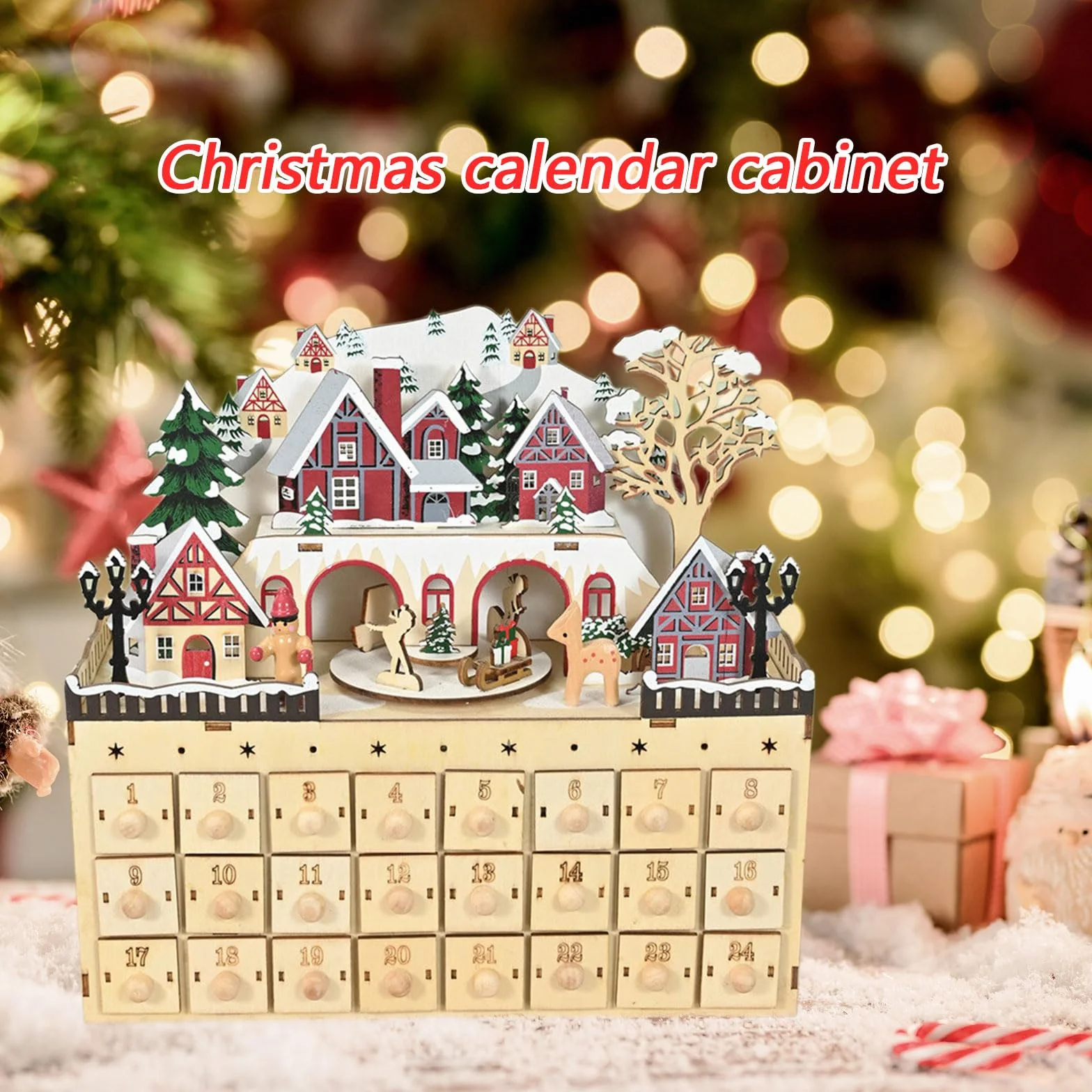 Gabinete de madera natural con calendario de Adviento de Navidad con 24 compartimentos de regalo, decoración de casa de pueblo, adorno de cuenta regresiva con compartimento