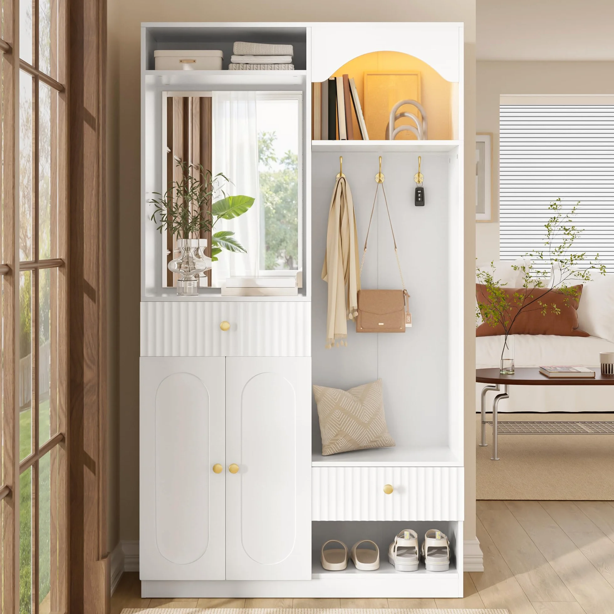 Perchero compacto con espejo, banco y zapatero, con gancho, juego de muebles de pasillo, color blanco