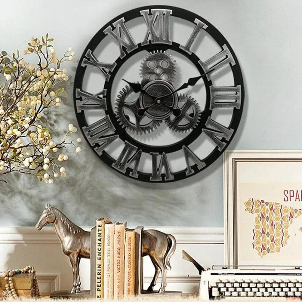 Reloj de Pared de Estilo Industrial Retro Grande Reloj de Pared de Madera para el hogar Decorativo para la Pared de la Barra de la Oficina de la Sala de Estar (Color: A, Tamaño: 30 cm) (D 40 cm)