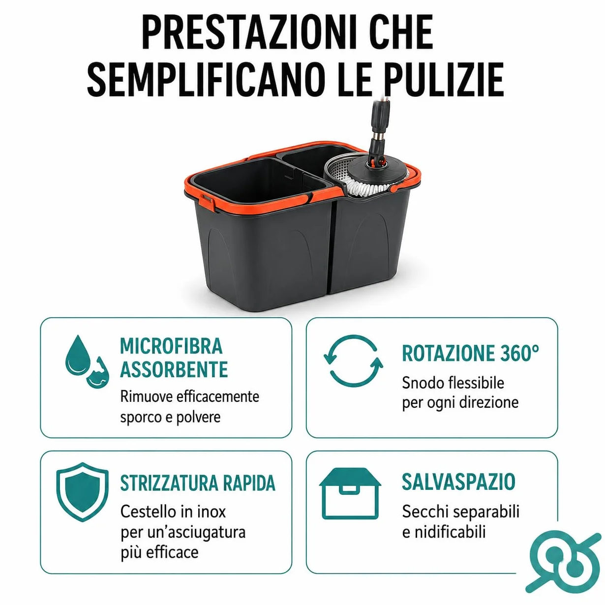 Tempo DI SALDI Juego de fregona giratoria con Doble Cubo, Cesta Inoxidable y 2 paños de Microfibra
