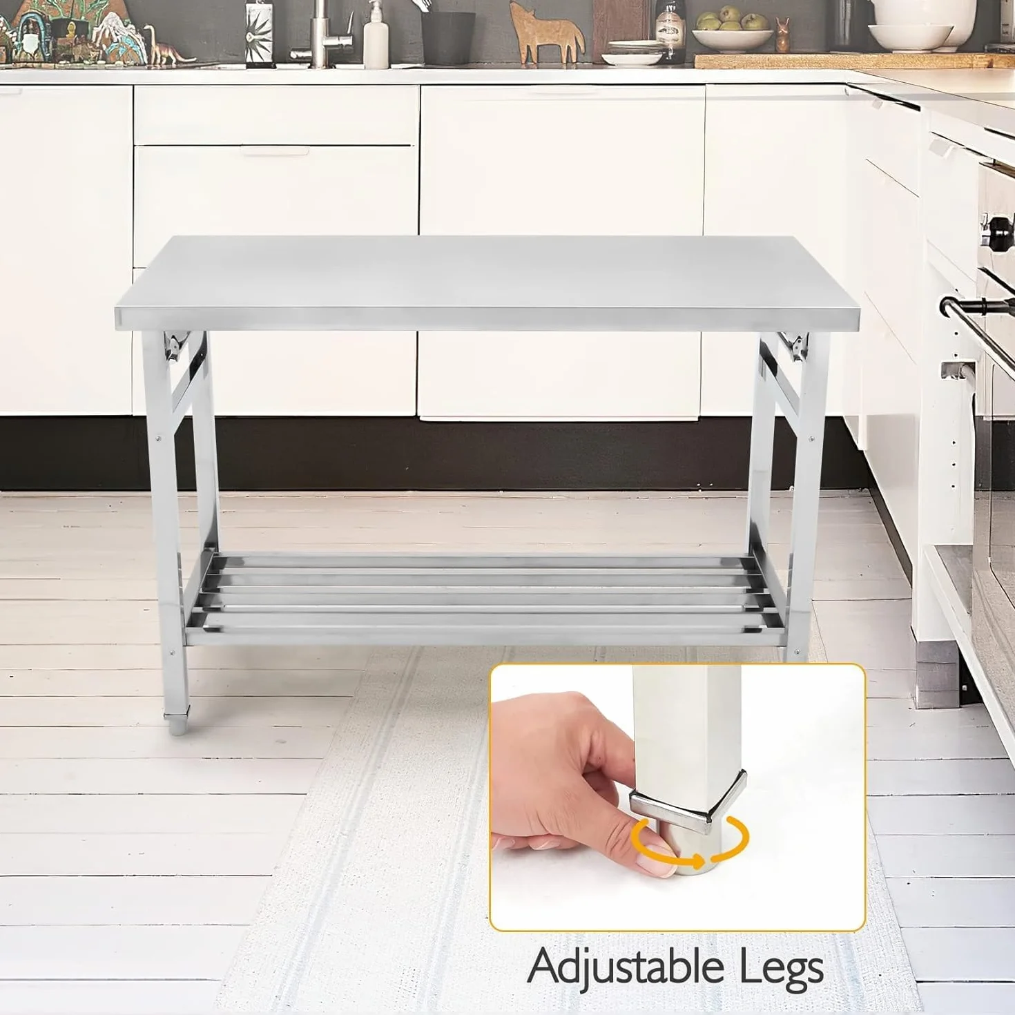 Garvee Mesa De Comedor Plegable De Acero Inoxidable: Mesa De Preparación Comercial De Dos Niveles, Resistente, con Estante Inferior Ajustable, Ruedas Bloqueables, Capacidad De 400 kg