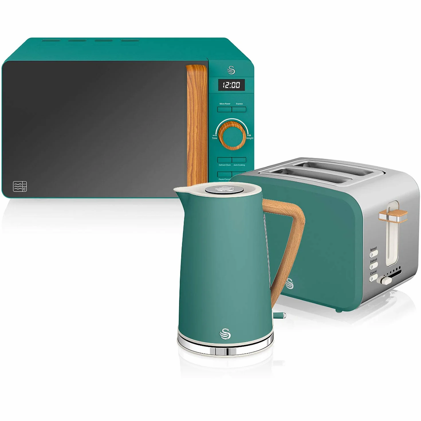Swan Nordic Set Desayuno Hervidor de agua 1,7L 2200W, Tostadora Pan ranura ancha 2 rebanadas, Microondas 20L digital, diseño moderno, efecto madera, verde