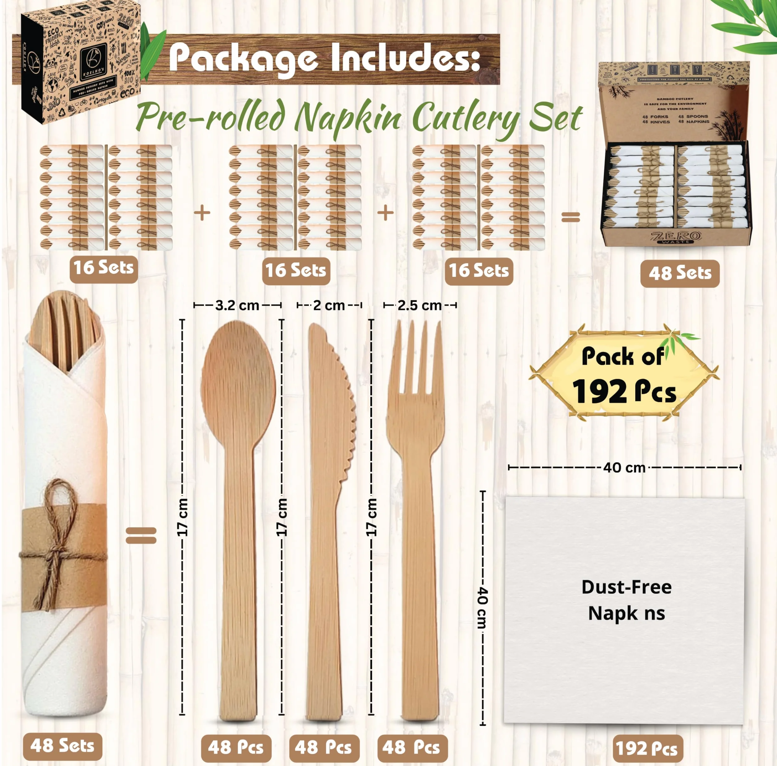 KOELHO'S Juego de cubiertos de bambú 100 % natural, 24 cuchillos, 24 tenedores y 24 cucharas, juego de utensilios de bambú reutilizables para fiestas, bodas, pícnics (paquete de 48)