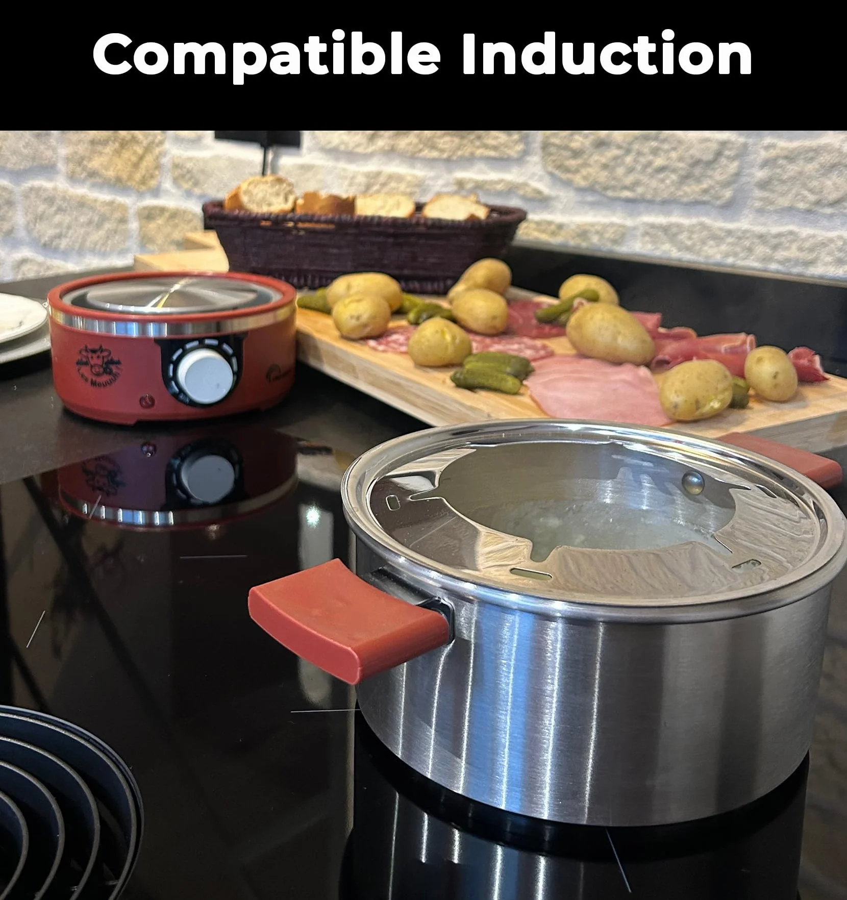 LITTLE BALANCE 8962 Little Fondue Meuuuh...!, dispositivo de fondue para 6 personas, sartén de acero inoxidable, apto para inducción, 1,8 litros, 650 W, chile