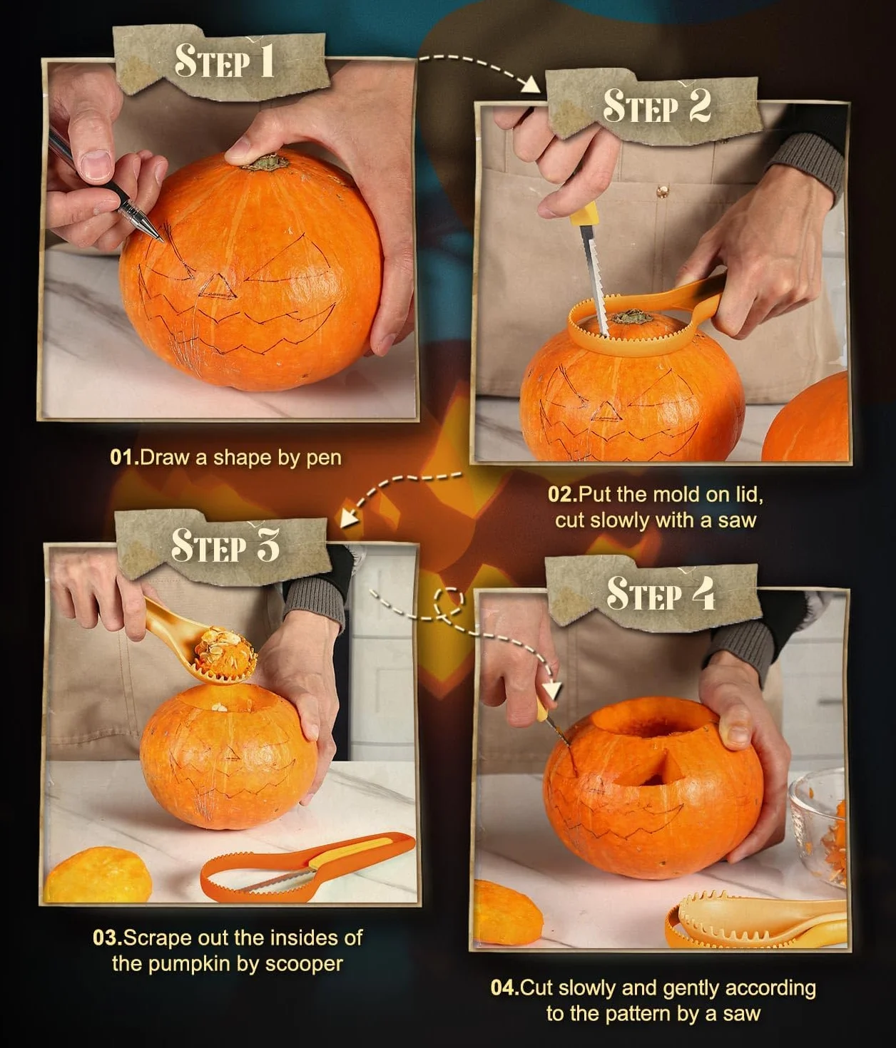 Kit de Tallado de Calabaza de Halloween, 3 Herramientas para Tallar Calabazas