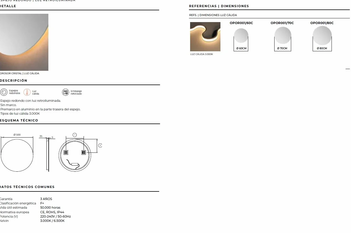 Mice - Espejo Redondo de Pared con Iluminación LED luz cálida (3.000k), Retroiluminado - Espejos de Dormitorio, Maquillaje, Baño, Vestidor con Luz Led Ø 80 cm