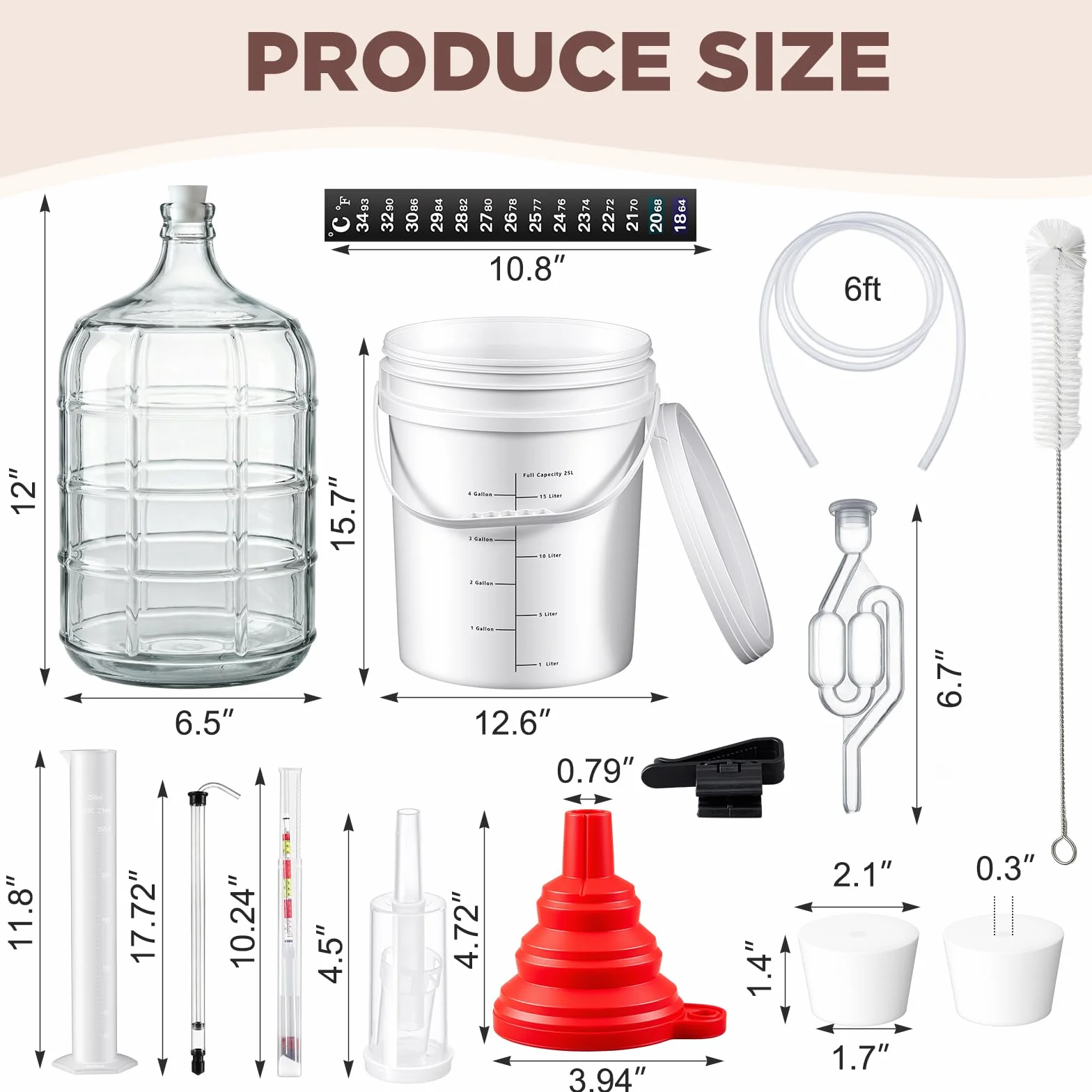 Ziliny El kit para hacer vino incluye Carboy de 5 galones, cubo y tapa de 6.5 galones, sifón automático, hidrómetro, probador de porcentaje de alcohol, relleno de botellas, cierre de aire, embudo de