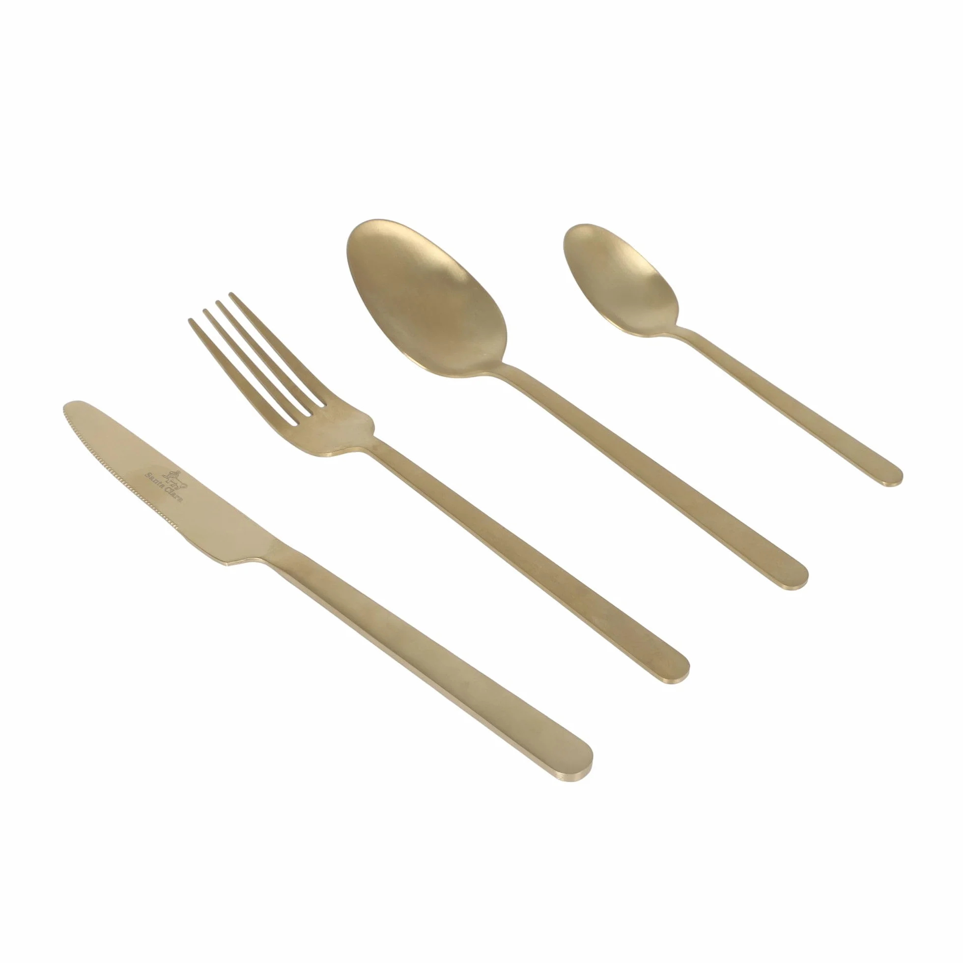 SANTA CLARA | Cubertería completa 16 piezas de acero inoxidable acabado champán PVD, juego de cubiertos con cuchillo, tenedor, cuchara y cucharilla de postre, servicio para 4 personas, modelo Antiga