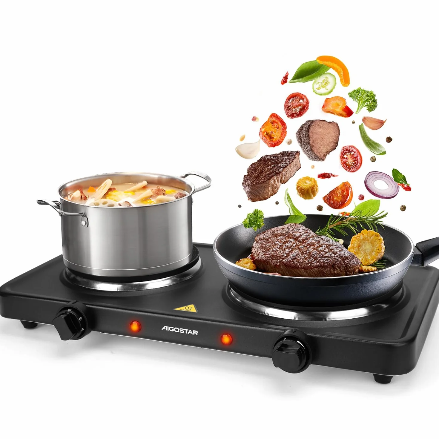 Aigostar Hornillo Electrico de 2500W, Cocina Electrica Portatil, con 2 Quemadores de 185mm y 155mm de Diámetro, Termostato Ajustable de 5 Niveles, Almohadilla Antideslizante, Adecuada Para Acampar
