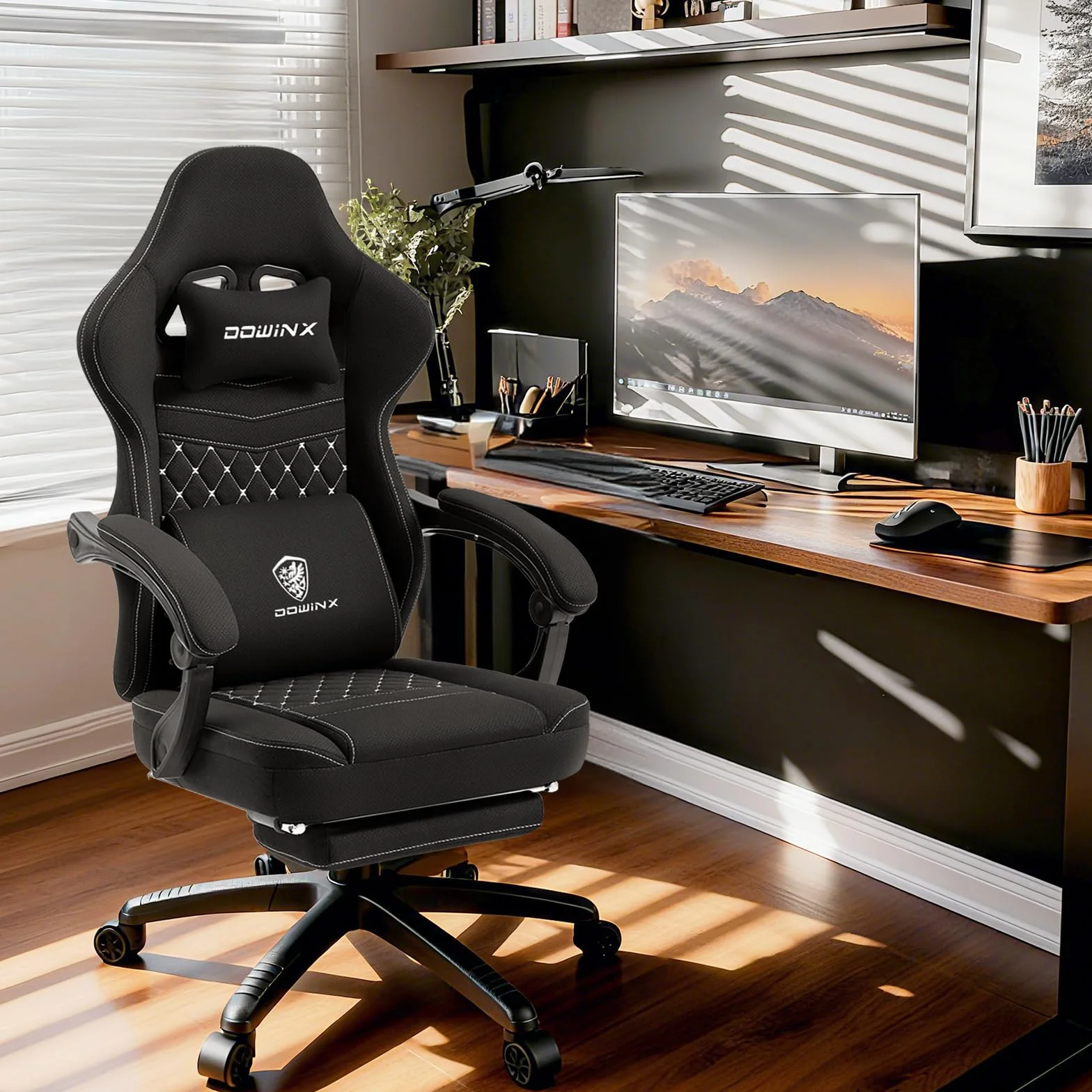 Dowinx Silla Gaming de Tela con Reposapiés Abatible y Extraíble, Silla Ergonómica para Oficina con Cojín de Gel y Muelles Ensacados, Silla Gamer Reclinable con Soporte Lumbar, para Adultos, Negro