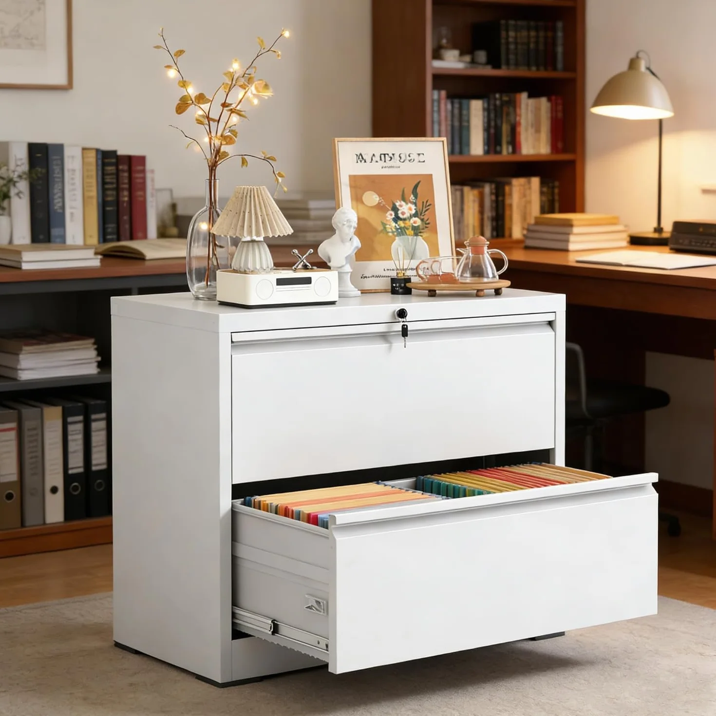 Archivador lateral de 2 cajones con cerradura, archivador lateral de metal para oficina en casa, archivadores horizontales anchos de acero para archivadores colgantes de carta/legal/A4/F4 (blanco)