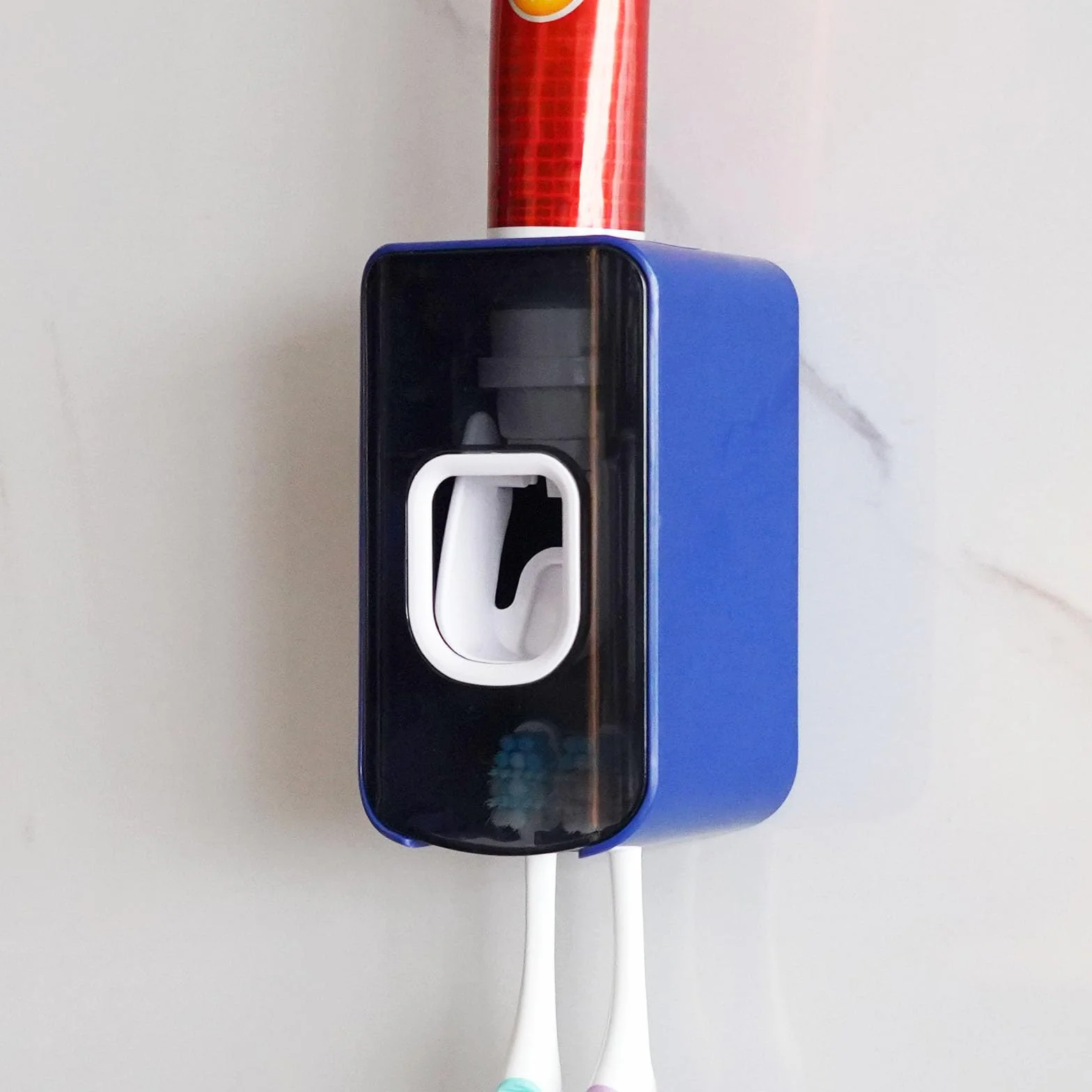 Soporte para cepillo de dientes de 2 ranuras y dispensador de pasta de dientes montado en la pared, exprimidor automático de pasta de dientes, organizador de pasta de dientes 2 en 1 para ducha (azul