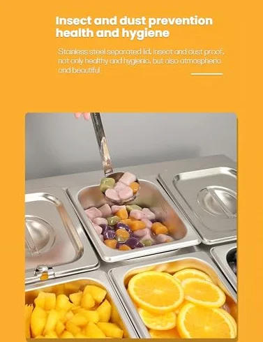 Estación de acero inoxidable para pizzas, ollas calientes y tiendas de frutas con tapa, dispensador de especias desmontable