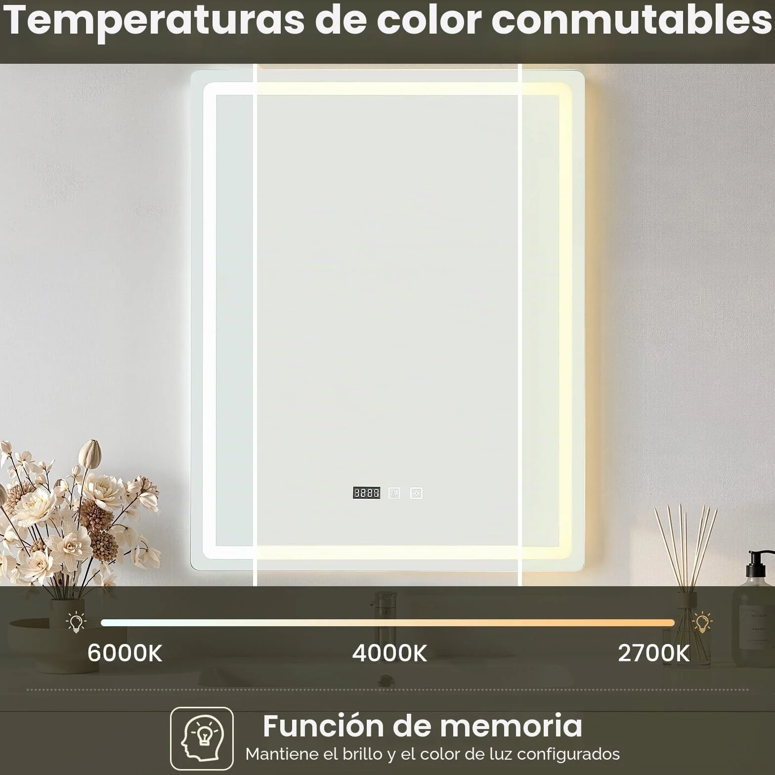 Espejo de baño con iluminación 60 x 80 cm, espejo LED con 3 colores de luz regulable, antivaho, espejo de pared LED horizontal/vertical para baños, lavabos (60 x 80 cm)