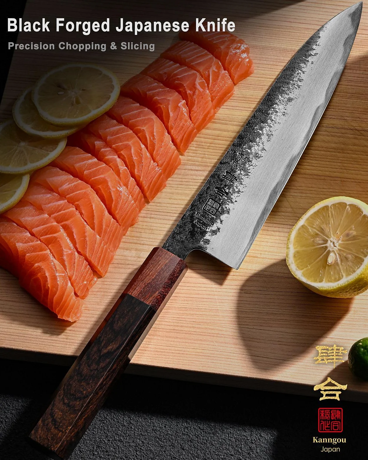 kanngou Cuchillos Japoneses Gyuto, 21cm Cuchillo Cocina de Acero Inoxidable con Madera de Ébano y Mango de Sándalo Rojo, Cuchillo Japonés Profesional con Caja de Regalo Premium