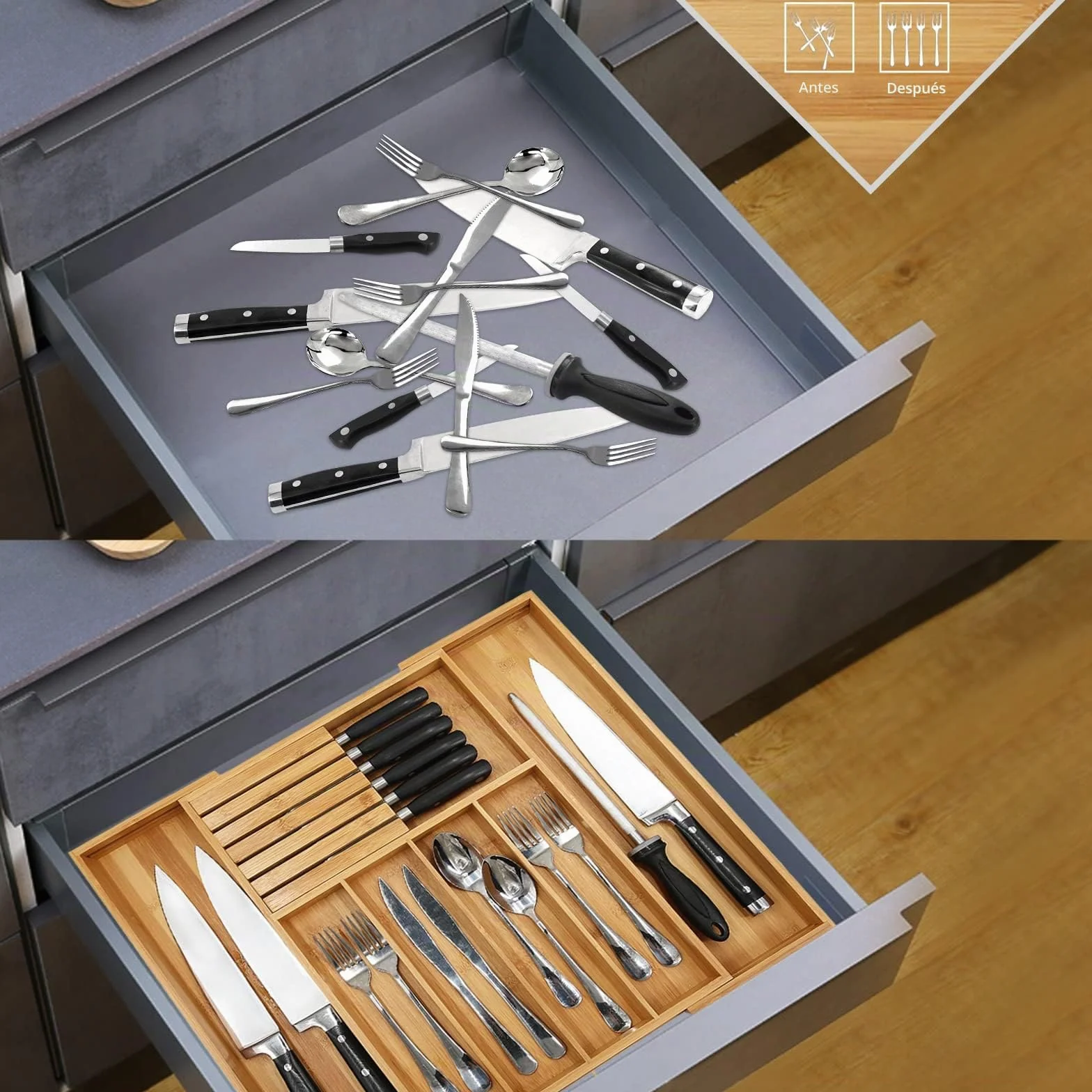 VaeFae Bandeja organizadora de cubiertos de bambú, organizador de cajones de cubiertos grande, 5-7 compartimentos, 32-55 cm, soporte extensible para utensilios de cocina, organizador divisor con