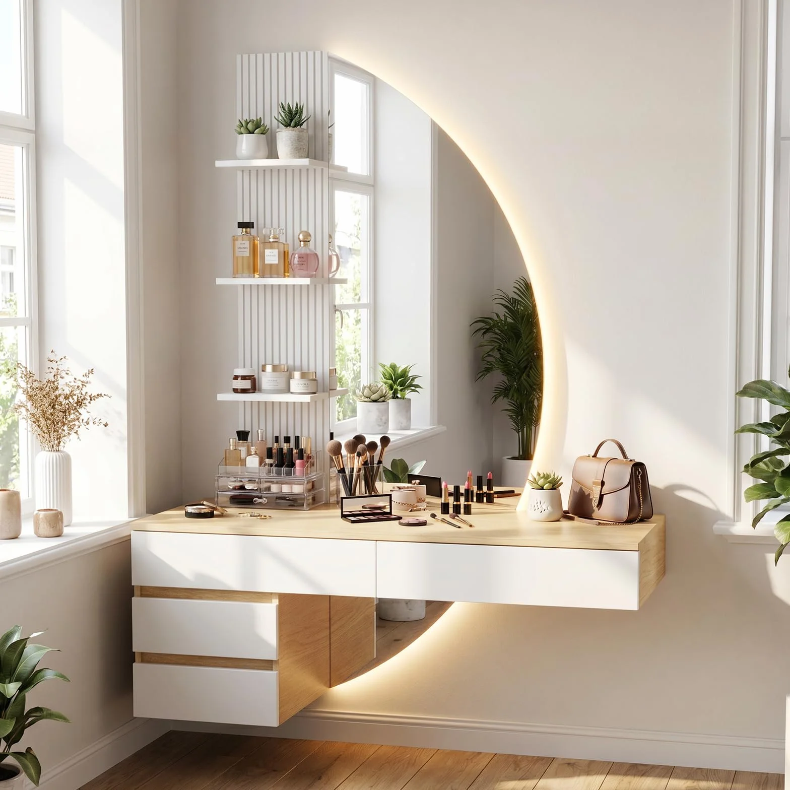 TRIUMPHKEY Tocador de Pared con Espejo en Forma de Media Luna y Luz LED Regulable, Mesa de Maquillaje Flotante con 4 Cajones y 3 Estantes, Tocador Moderno de Ahorro de Espacio para Dormitorio (Blanco)
