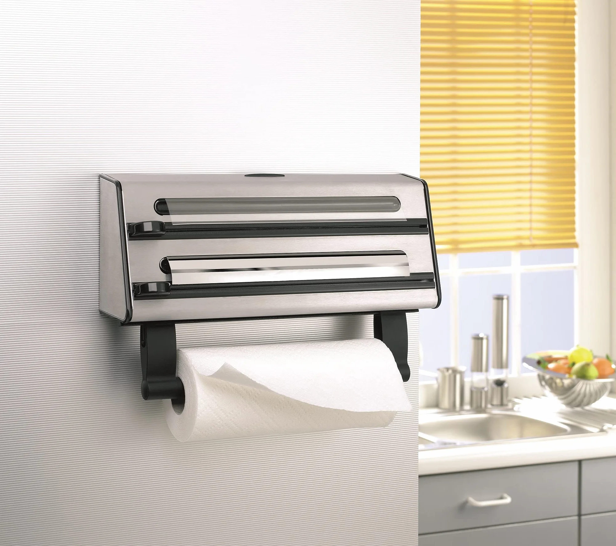 Emsa Contura Portarollos de cocina triple, corta papel de alumino, envoltura de plástico, papel de sandwich, corte en dos dimensiones, fácil de manipular, 40.89 x 27.94 x 10.92 cm
