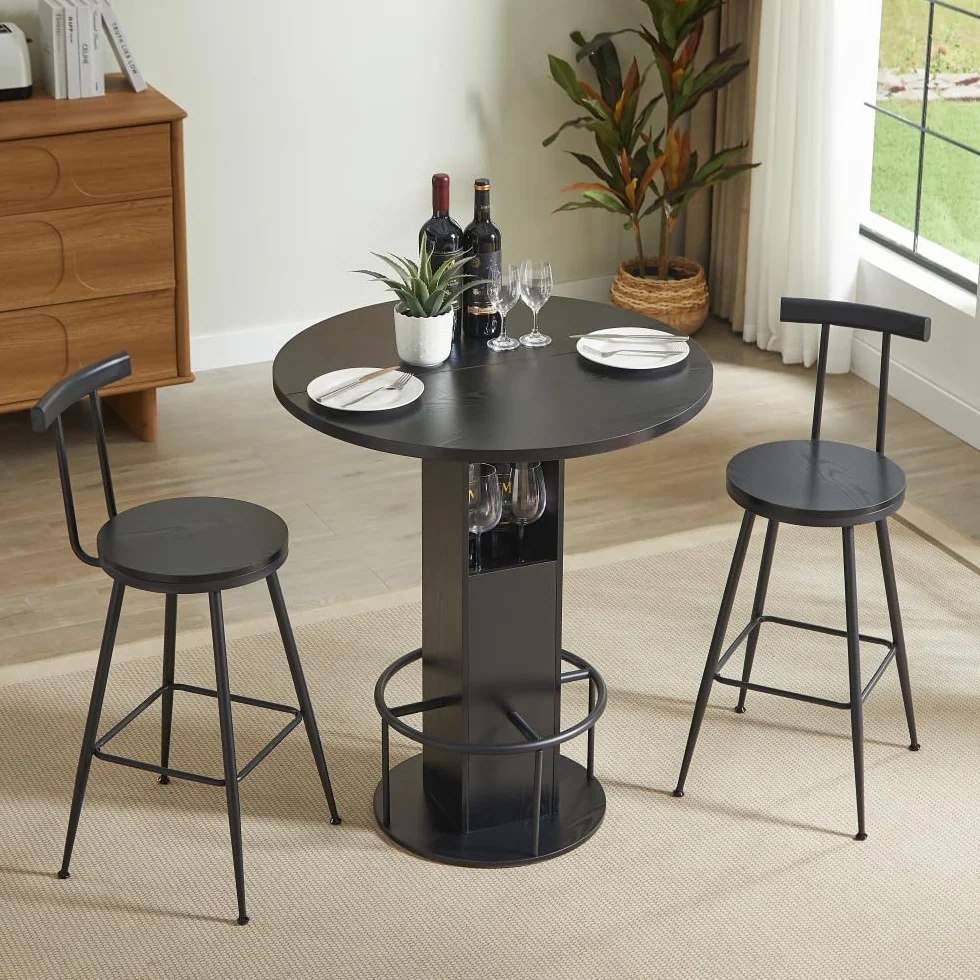Juego de mesa de bar 3 piezas mesa redonda 2 taburetes madera robusta reposapiés metal