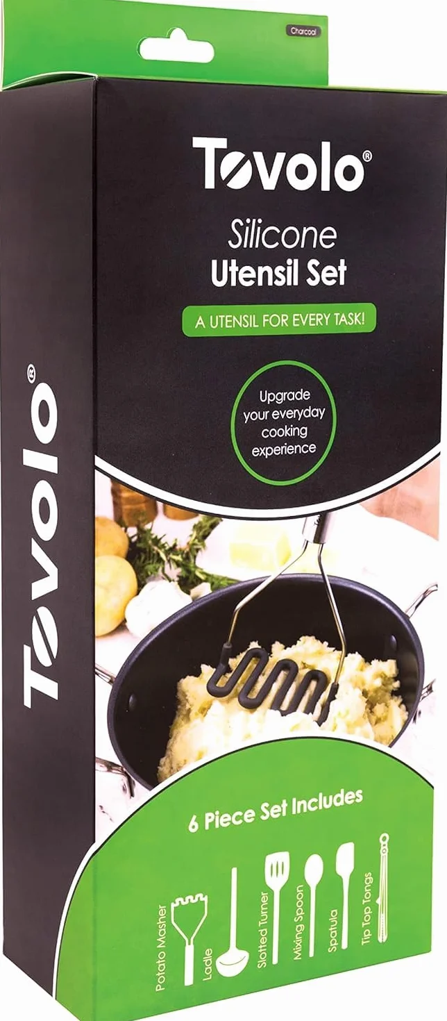 Tovolo Juego de 6 utensilios de silicona (carbón) – Utensilios de cocina y gadgets esenciales para hornear, cocinar, preparar alimentos, parrilla, hogar, apartamento y regalo/sin BPA y apto para