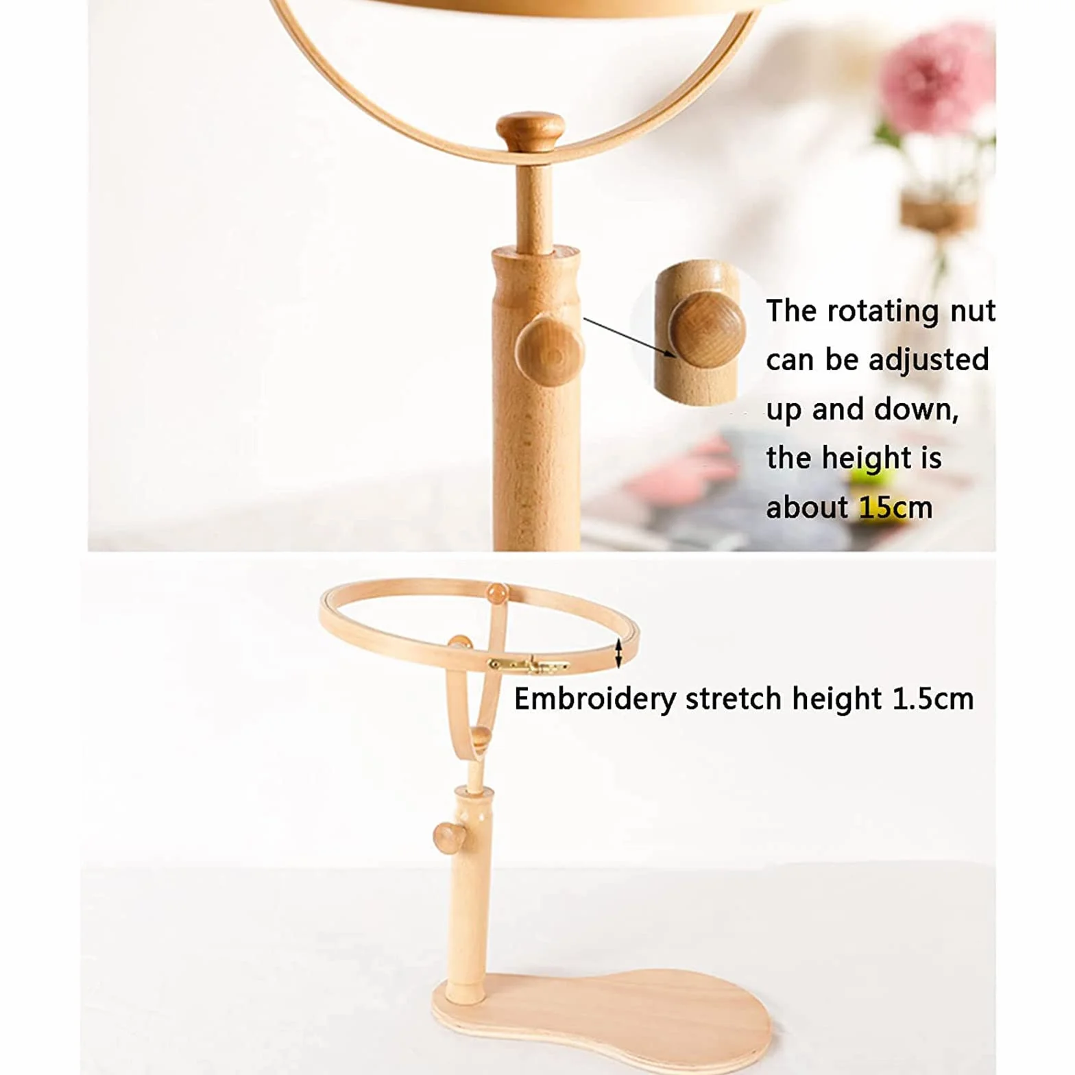 Bastidor de Punto de Cruz Ajustable con Soporte Giratorio para aro de Bordado con Aros de Madera Redondos de 9,4 Pulgadas, Soporte de Bordado de Madera, Soporte para aro de Bordado