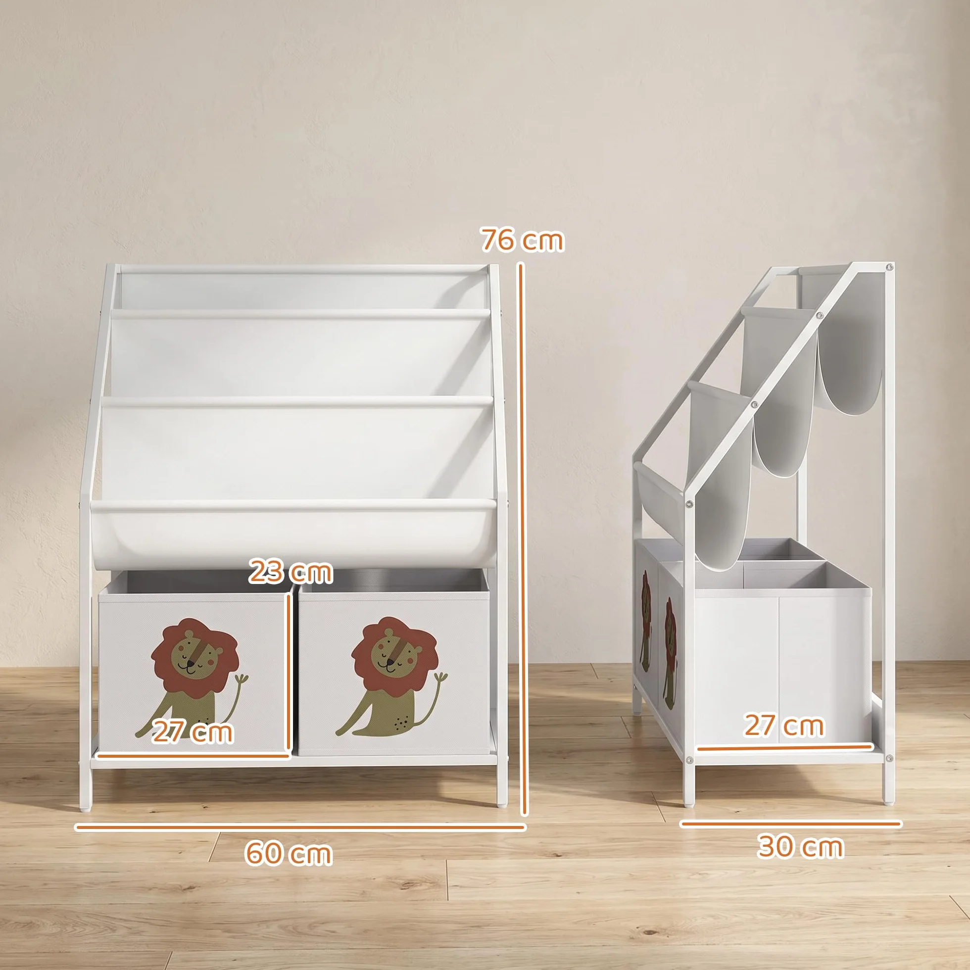 AIYAPLAY Librería Infantil de 4 Niveles Montessori Niños 76 cm Blanco | Estantería para Libros, 3 Estantes, 2 Cajones de Tela, Diseño de León, Sala de Juegos, Dormitorio, Guardería