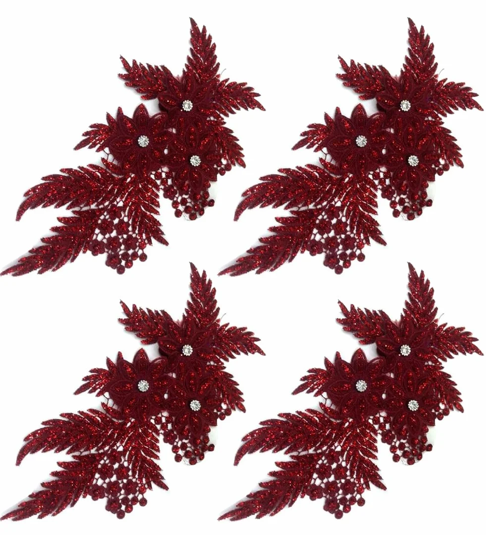 Adornos para Ropa, Parches Bordados de Tela Flores(Burgundy)