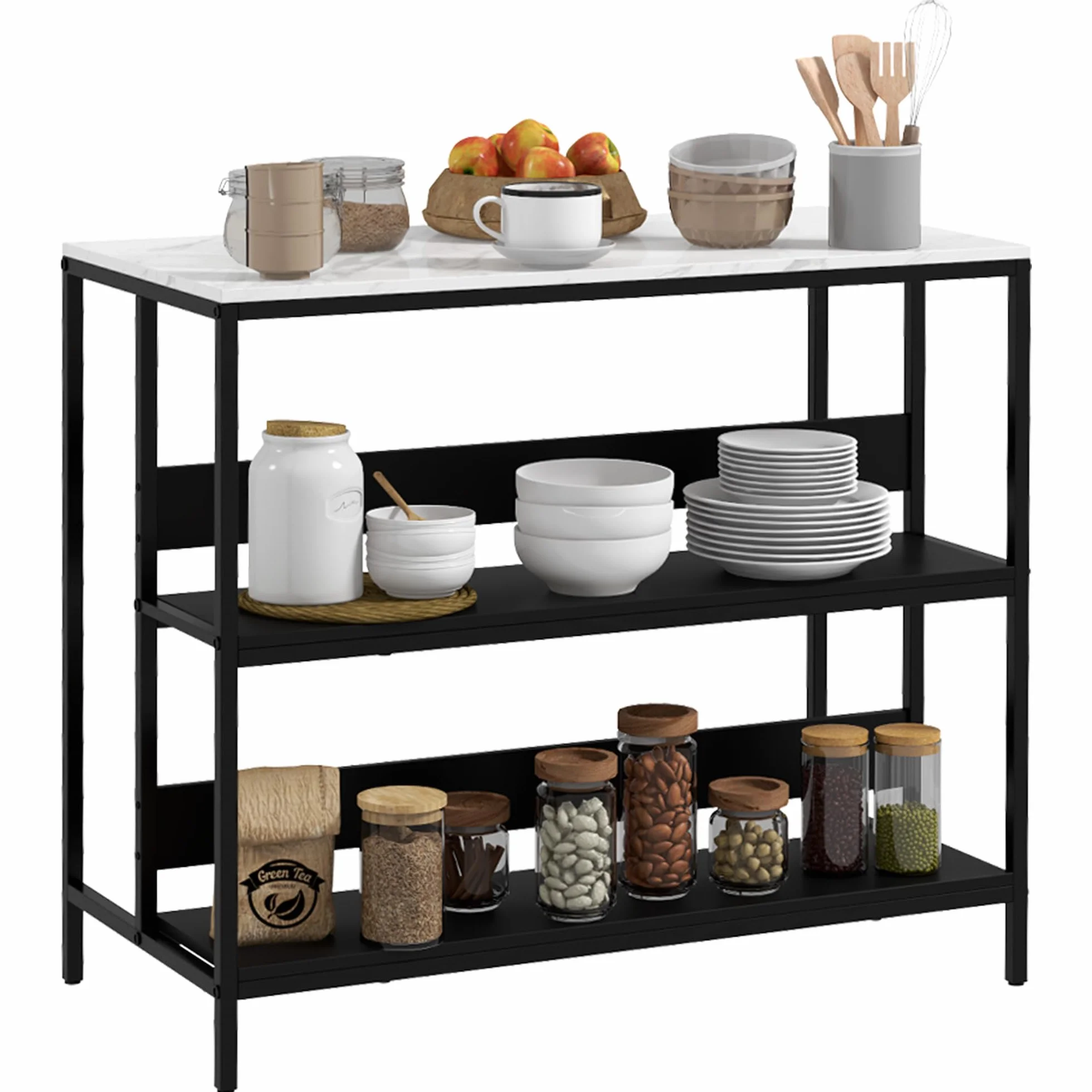 HOMCOM - Postre isla de cocina, mueble de cocina, bandeja de aspecto mármol, estructura de acero, 2 estantes, mueble de almacenamiento para salón, estilo moderno, 100 x 50 x 90 cm, color negro