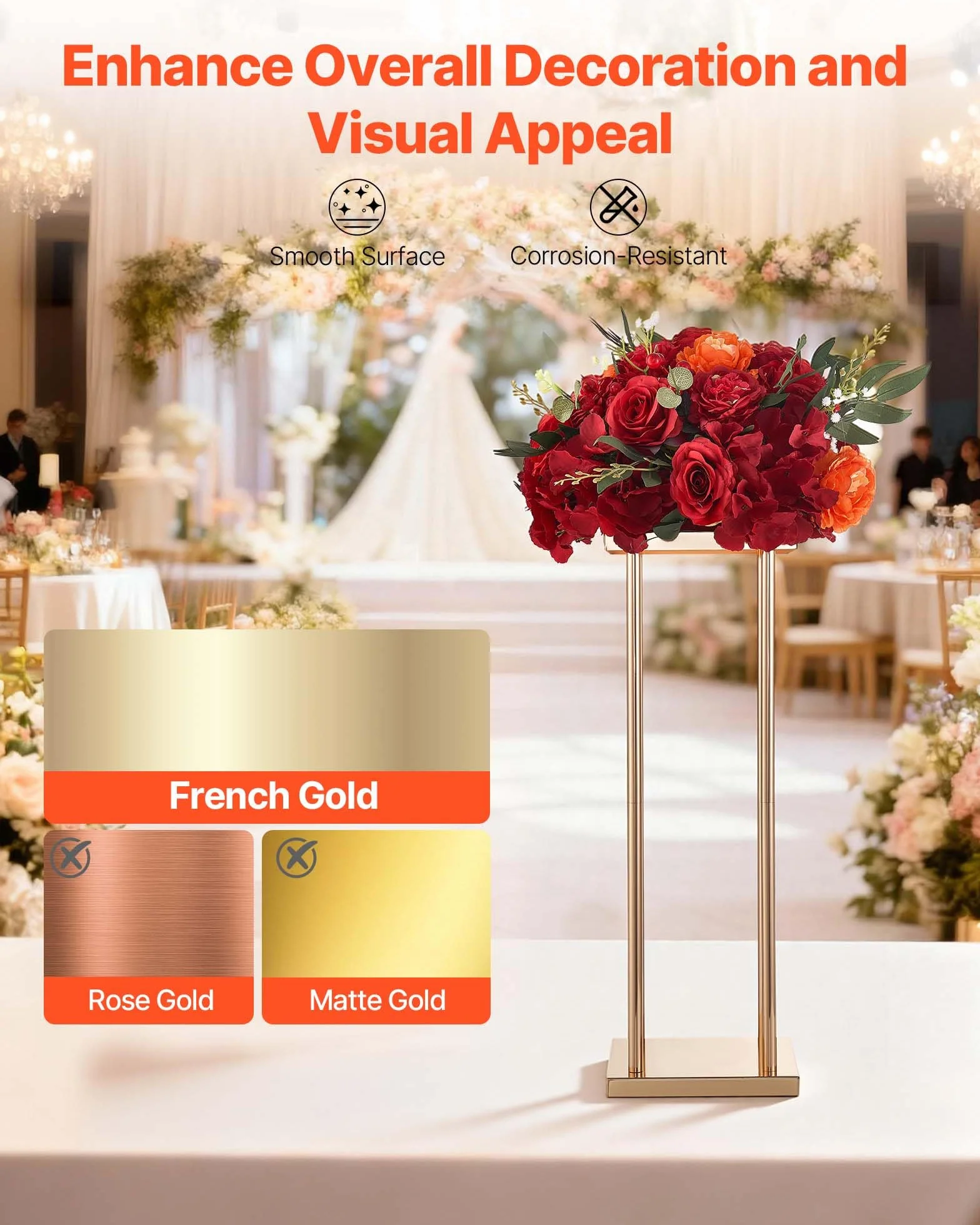 VEVOR Soporte Floral para Bodas, en Forma de Columna, con Laminado Metálico, Ideal para Bodas, Fiestas, Cumpleaños y el Hogar, Soportes Dorados Francés para Centros de Mesa, 200 x 200 x 600 mm, 10 uds