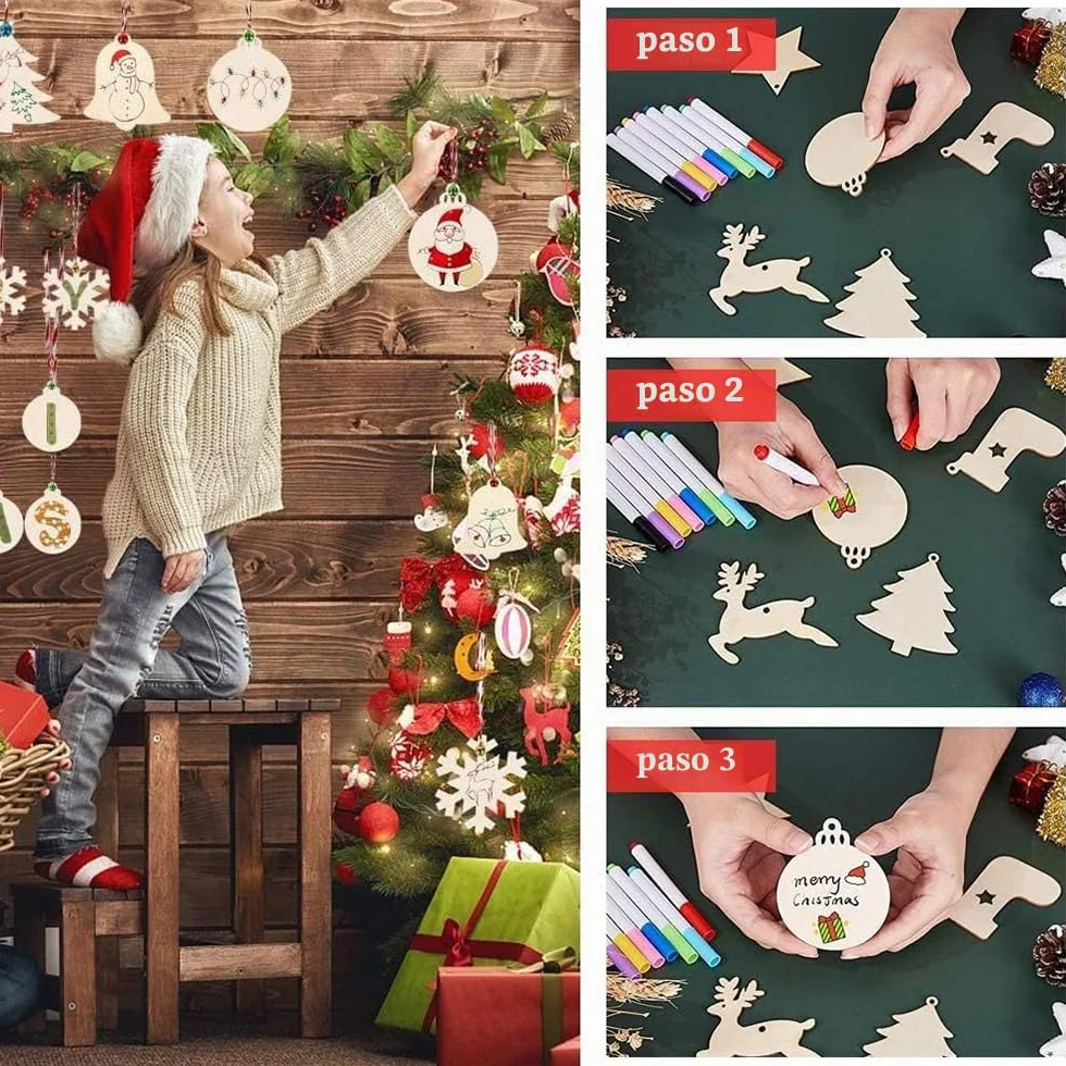 264 Piezas Adornos Árbol Navidad Madera Colgante - Decoración Navideña con Cordón