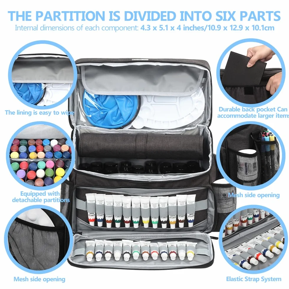 Bolsa organizadora de pintura acrílica y pinceles, funda de transporte compatible con Apple Barrel, Shuttle Art, suministros de arte Caliart, incluye soporte desmontable para pinceles de pintura, para