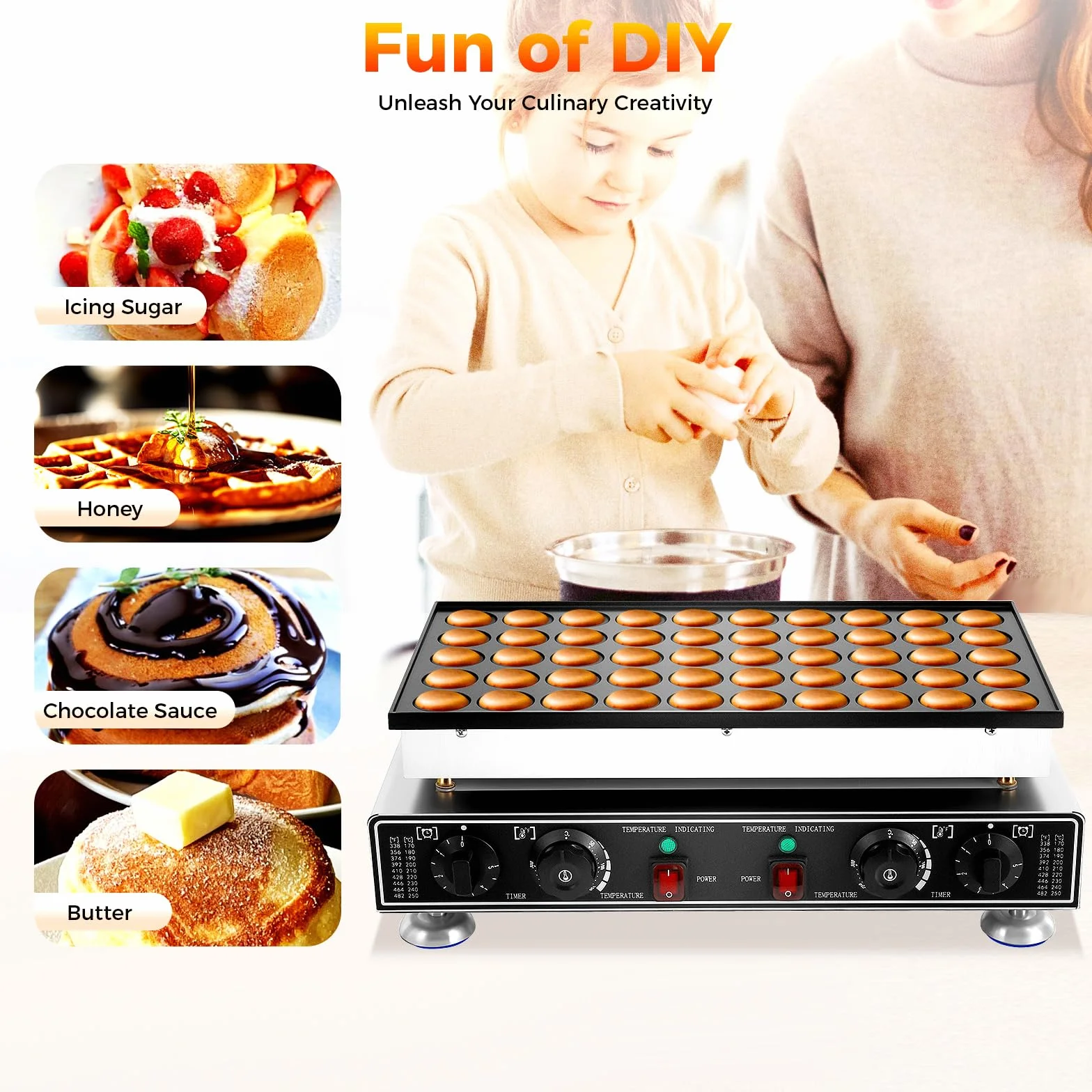 Poffertjes - Sartén de inducción (1700 W, 50 unidades, mini tortitas redondas, con 4 esponjas de limpieza, 2 cepillos, pinzas para alimentos