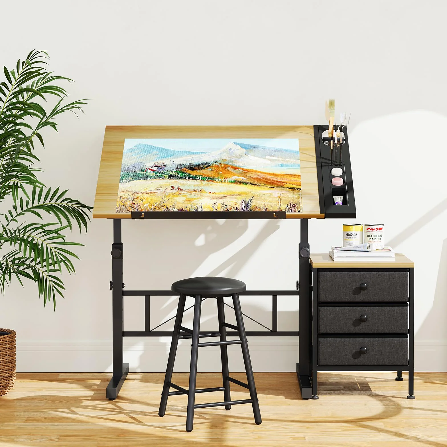 Mesa de Dibujo con Altura Ajustable, 0-60° Tablero Inclinable, Mesa de Pintura Arquitecto Estudio Dibujo Escritorio para Computadora con Taburete para Oficina Casa (Madera con Cajón)