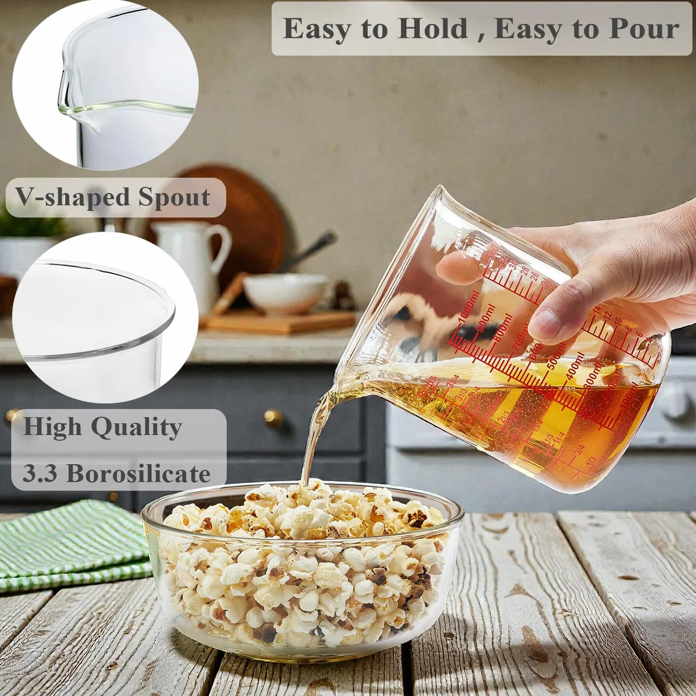 Vaso medidor de vidrio de borosilicato alto, boquilla en forma de V, vaso medidor de vidrio para cocina o restaurante, fácil de leer, 1000 ml (32 onzas, 4 tazas)