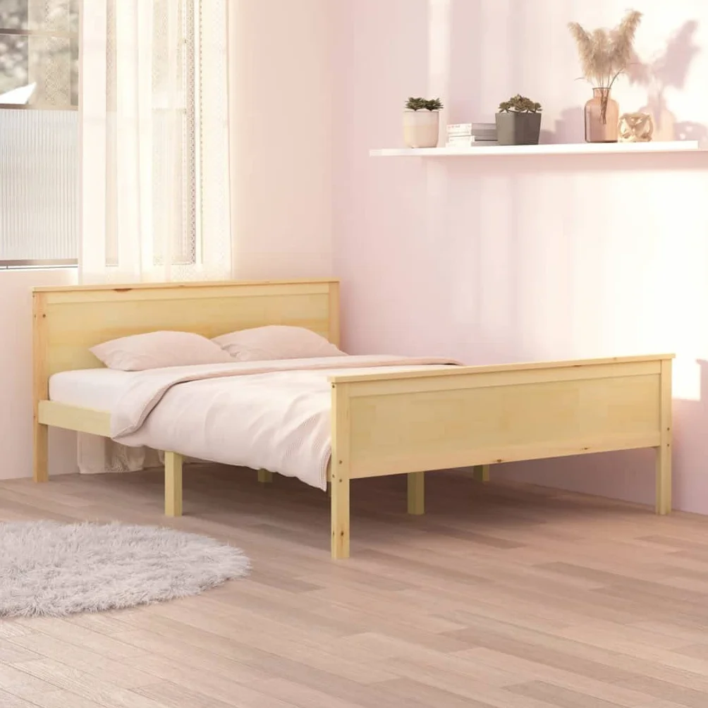Marco de cama de madera maciza para dormitorio, 120 x 200 cm, madera de pino natural, plataforma estable con cabecero para adultos, jóvenes, muebles robustos sin colchón