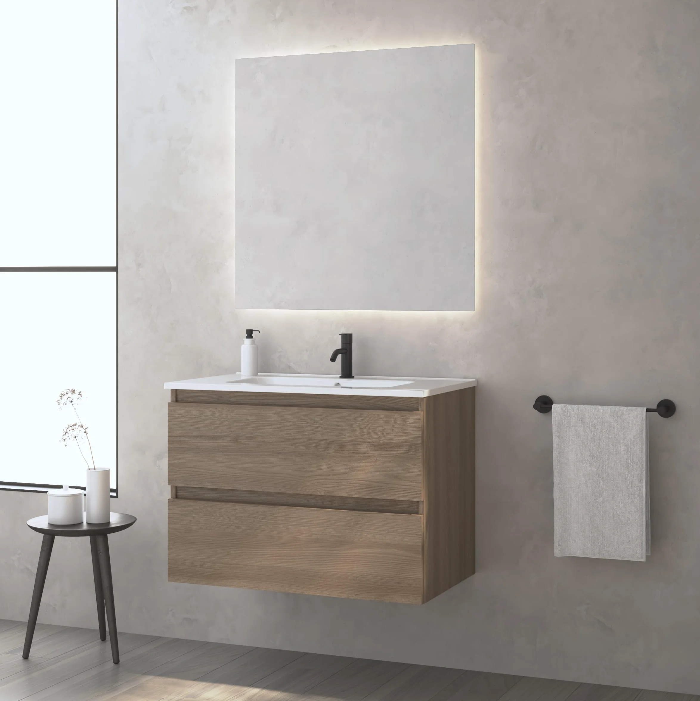 EstiloBaño Aurora Conjunto Mueble de Baño Suspendido 2 Cajones Lavabo 60 cm Blanco Nogal